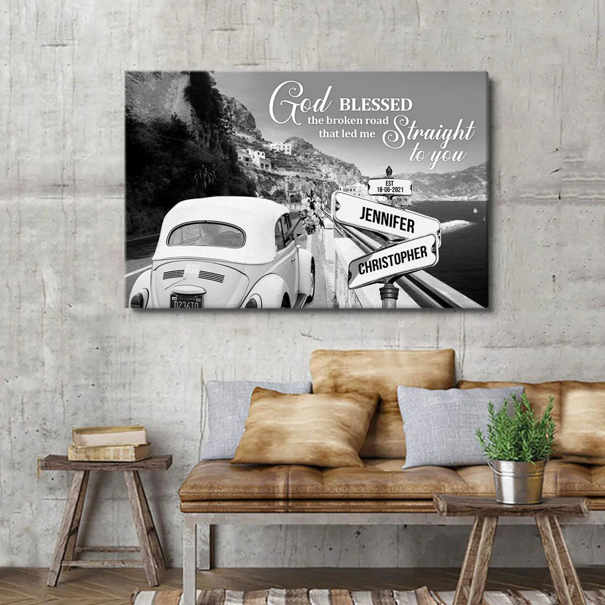 Couple Landscape Canvas - Personalized God, Wedding Car Canvas - Custom Gift For Christian Couple, Spouse, Lover - God Blessed The Broken Road Canvas