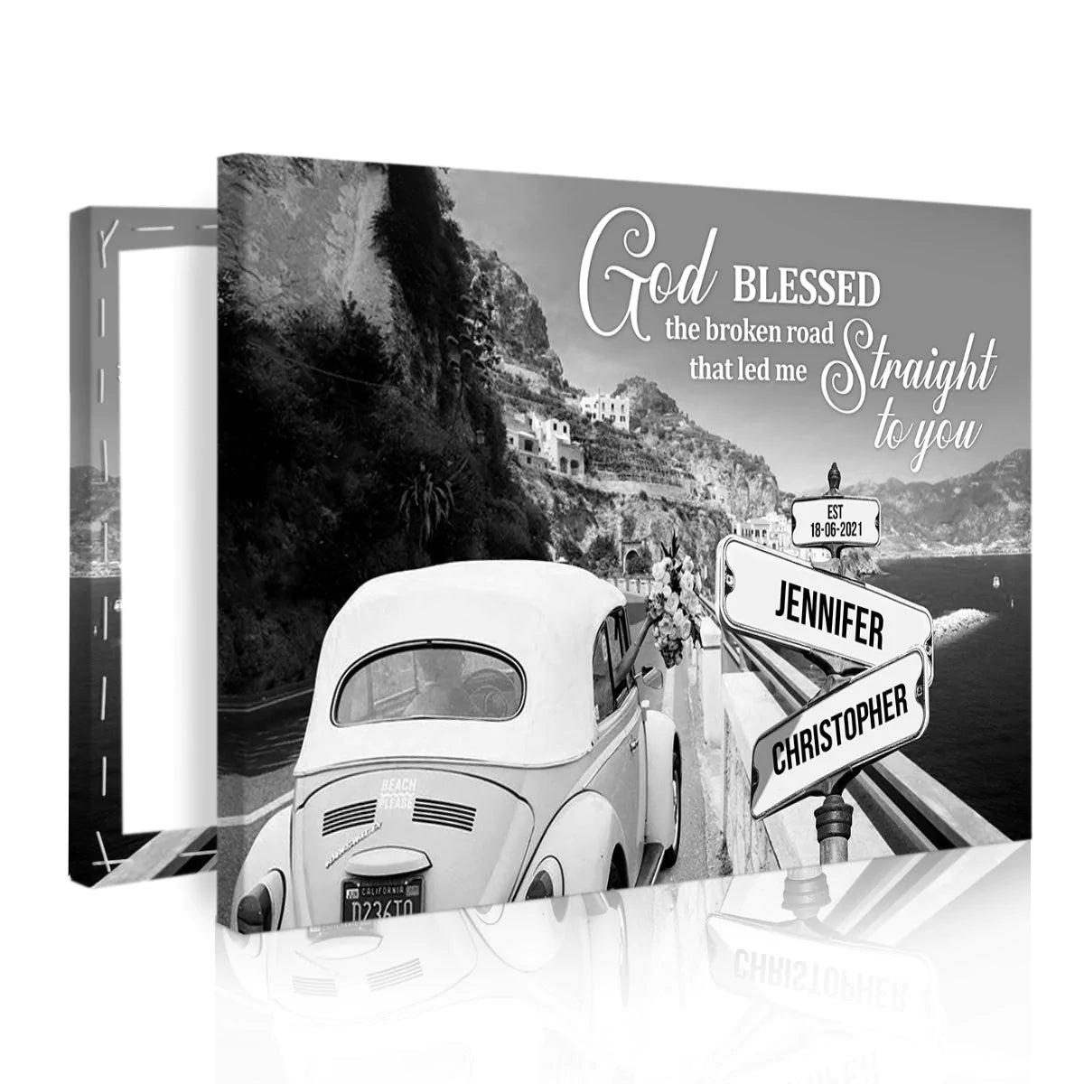 Couple Landscape Canvas - Personalized God, Wedding Car Canvas - Custom Gift For Christian Couple, Spouse, Lover - God Blessed The Broken Road Canvas
