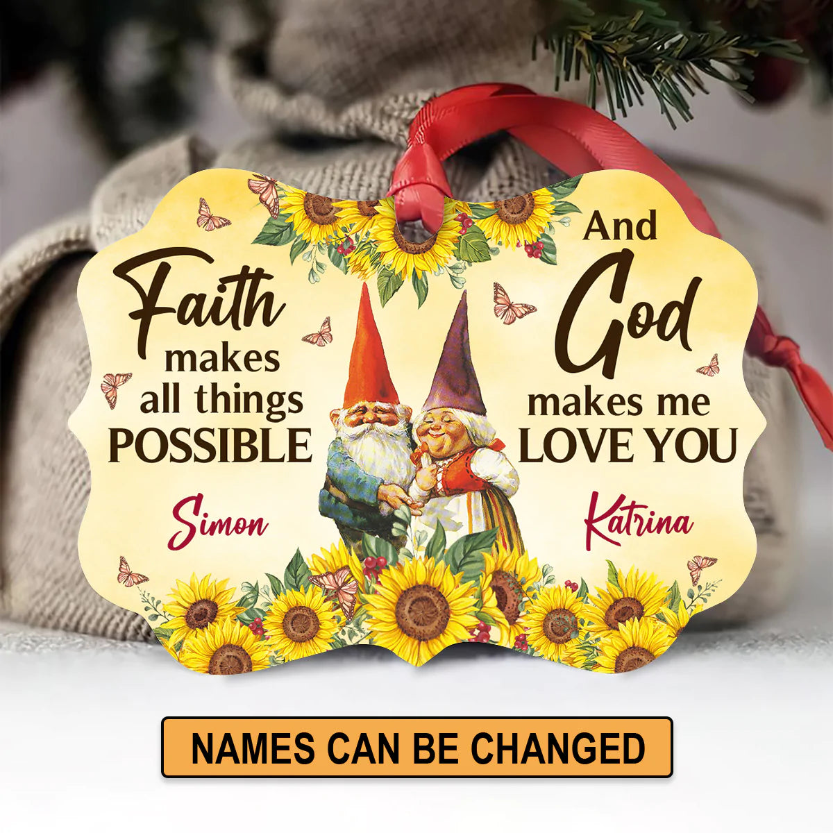 Couple Aluminum Ornament - Personalized Gnome Couple, Sunflower Aluminium Ornament - Custom Christmas Gift For Christian Couple, Spouse, Lover - God Makes Me Love You