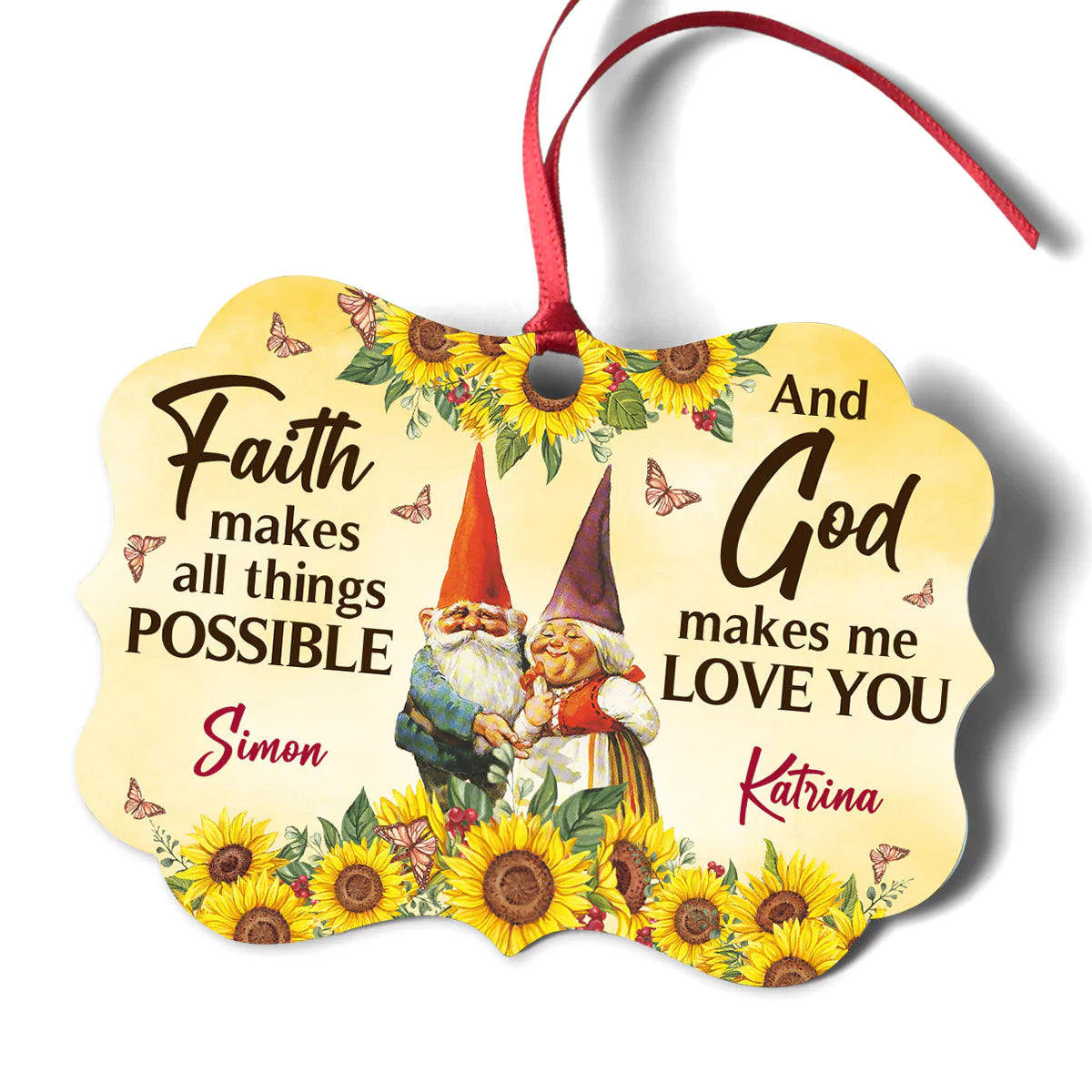 Couple Aluminum Ornament - Personalized Gnome Couple, Sunflower Aluminium Ornament - Custom Christmas Gift For Christian Couple, Spouse, Lover - God Makes Me Love You
