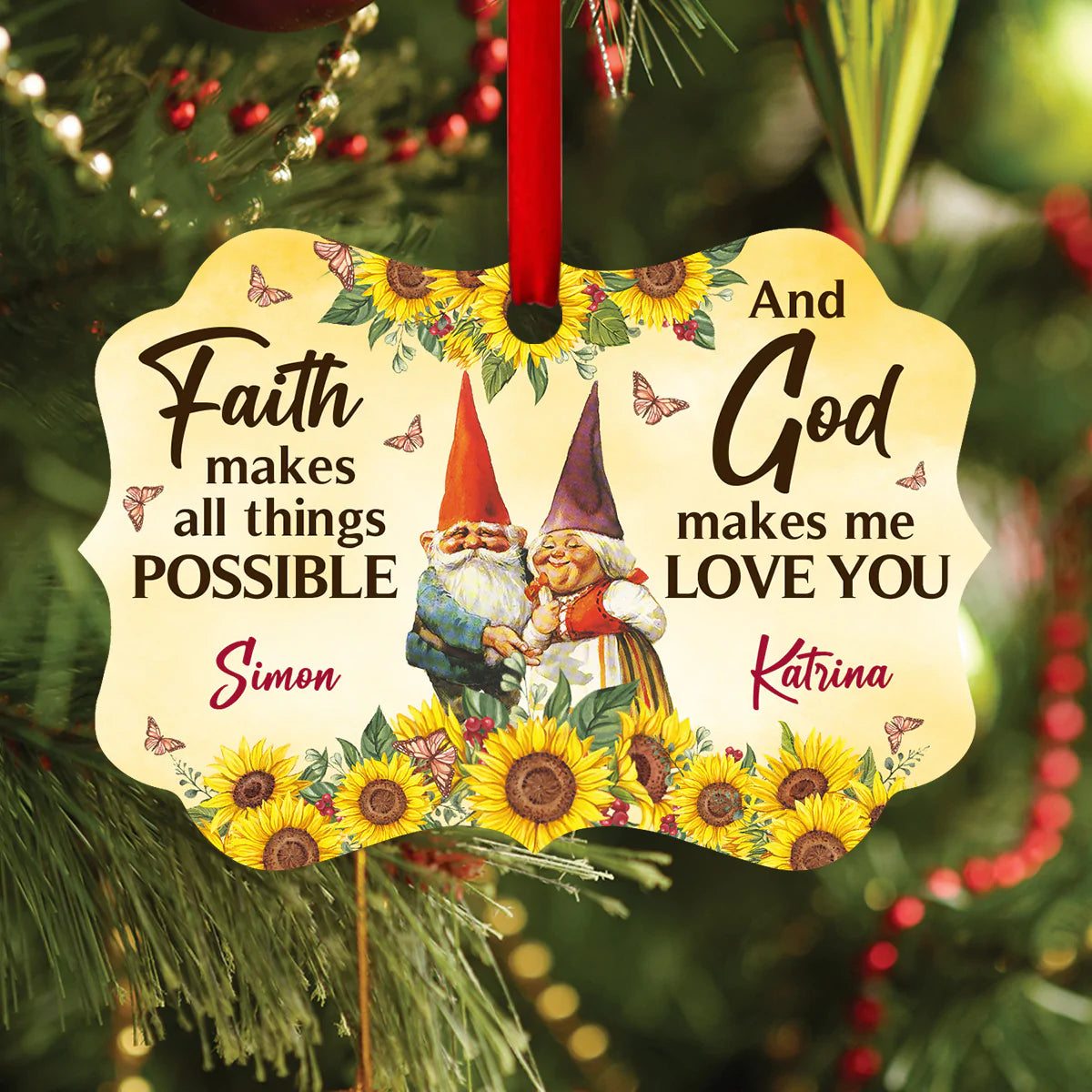 Couple Aluminum Ornament - Personalized Gnome Couple, Sunflower Aluminium Ornament - Custom Christmas Gift For Christian Couple, Spouse, Lover - God Makes Me Love You