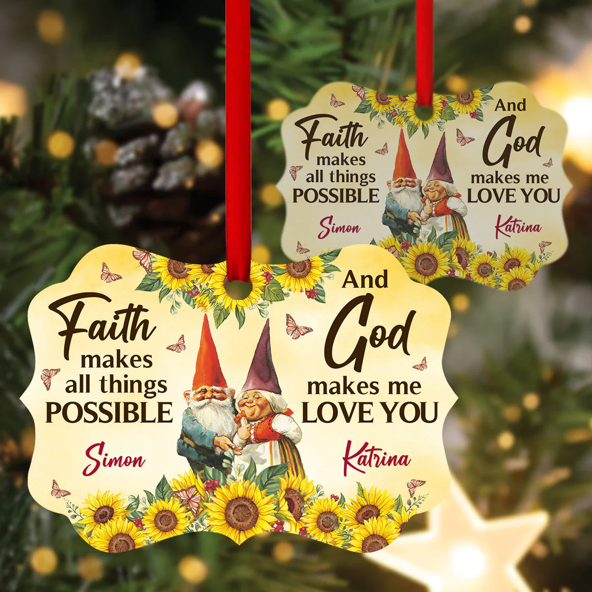 Couple Aluminum Ornament - Personalized Gnome Couple, Sunflower Aluminium Ornament - Custom Christmas Gift For Christian Couple, Spouse, Lover - God Makes Me Love You