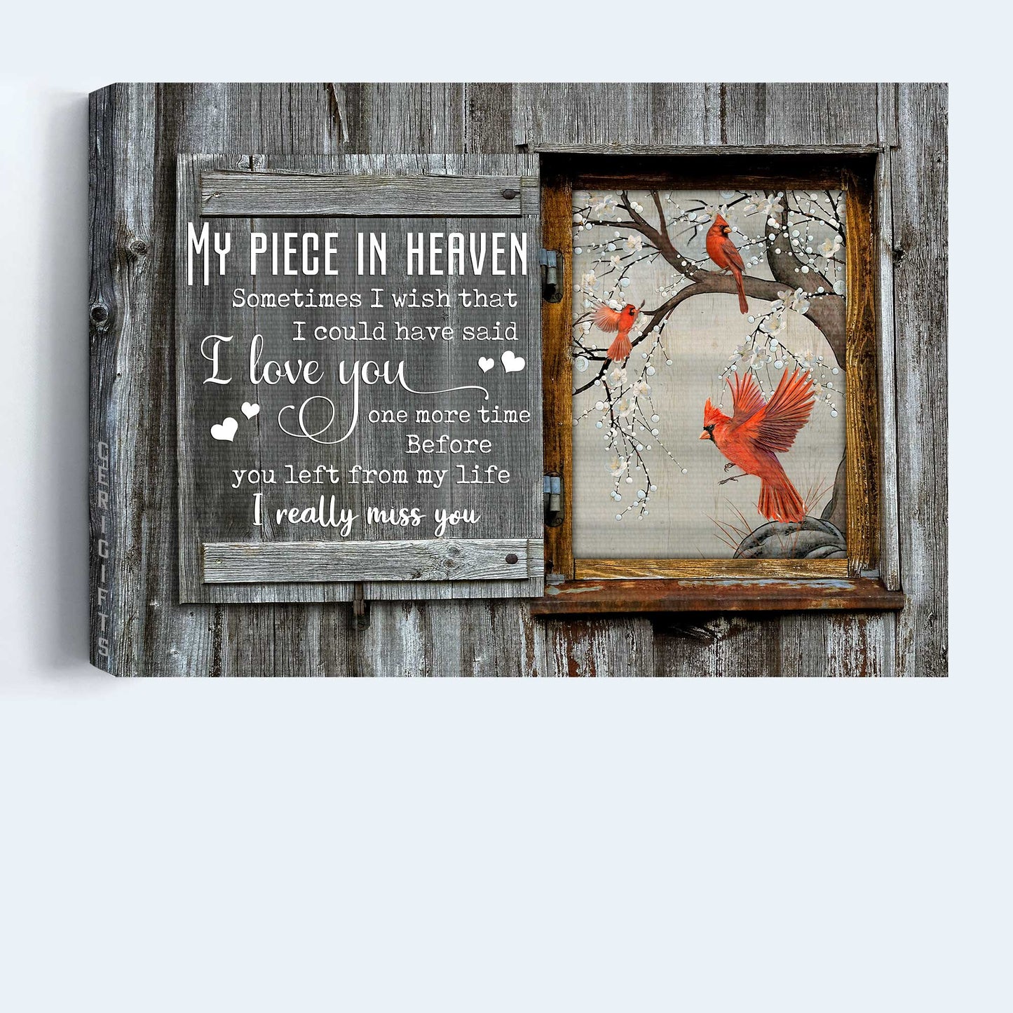 Memorial Landscape Canvas - Antique window, Snowflakes, Cardinal drawing Landscape Canvas - Memorial Gift For Family Members - My piece in heaven