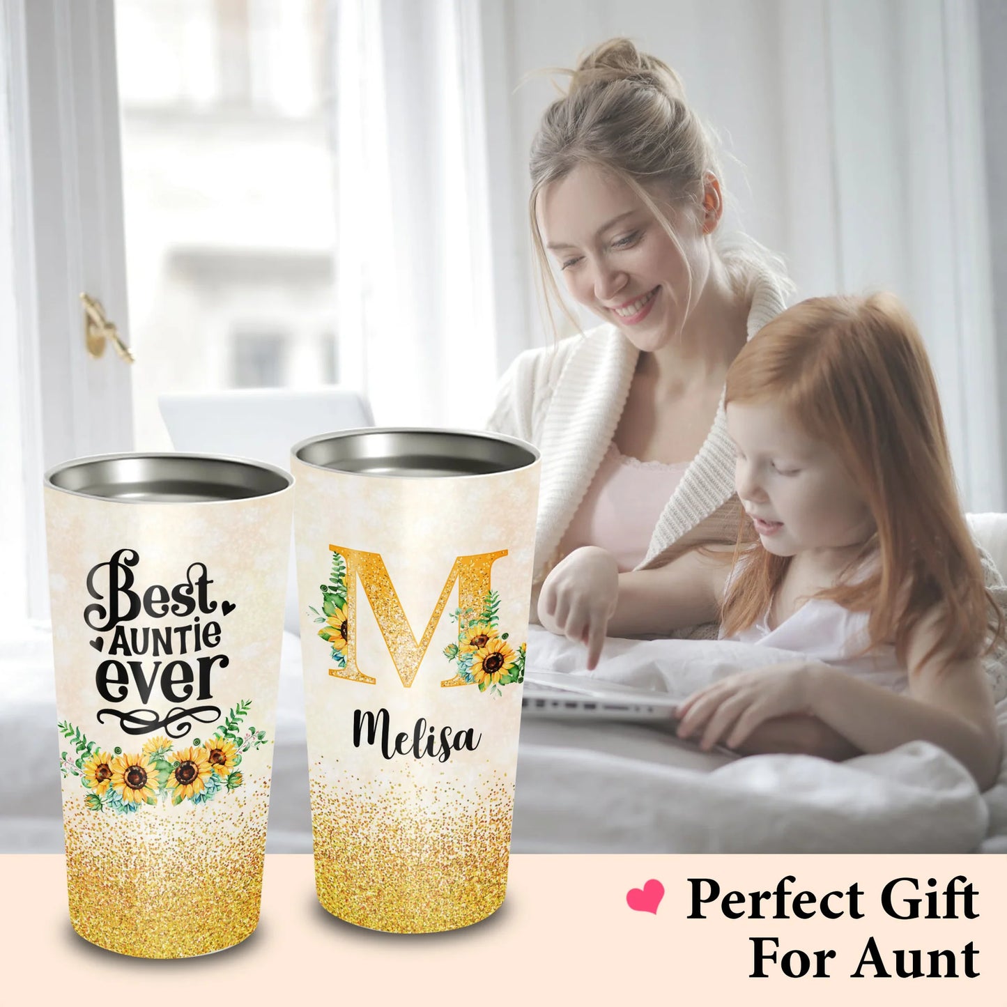 Personalized Mother's Day Gift Tumbler - Custom Gift For Mother's Day, Presents for Mom - Sunflower, Best Auntie Ever Tumbler