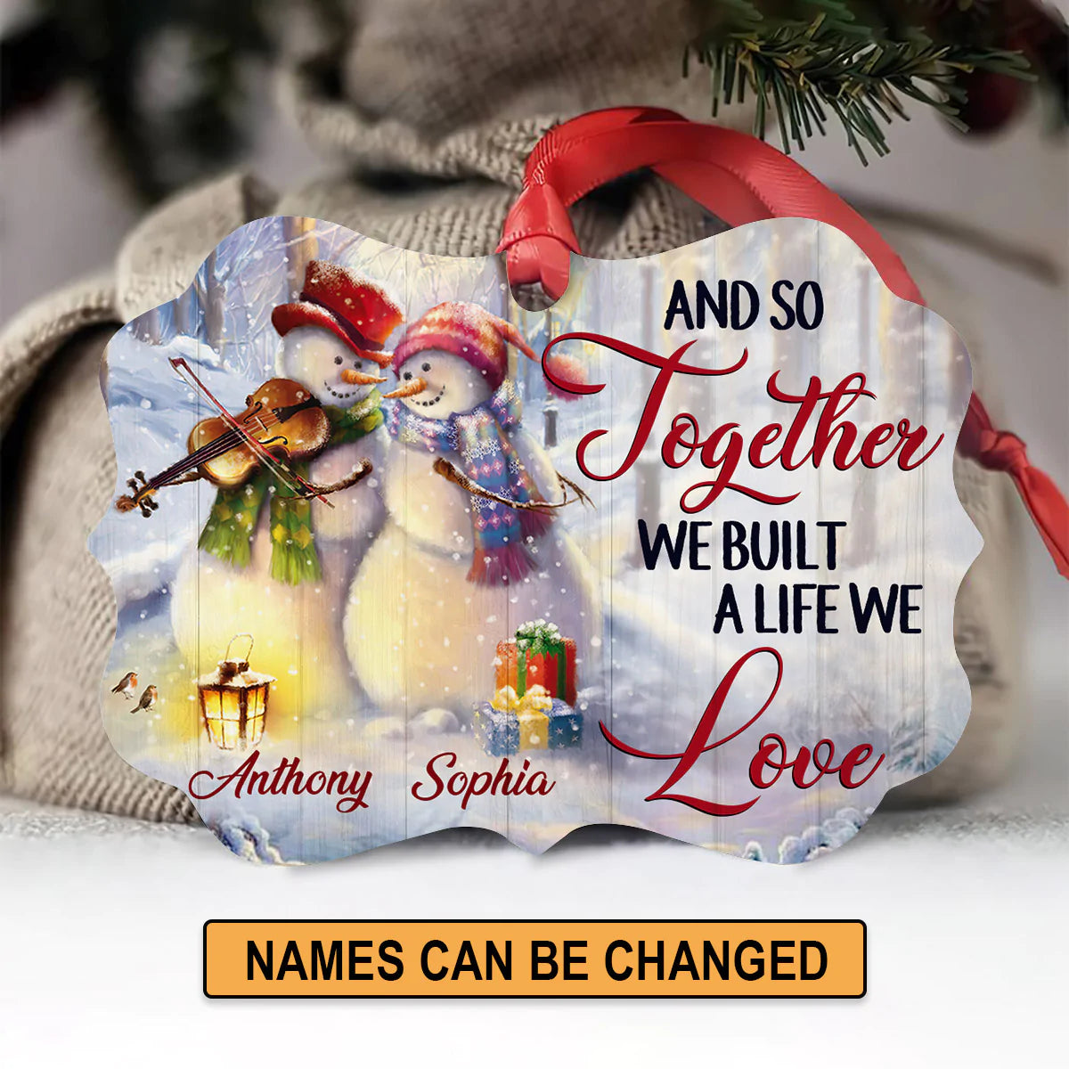 Couple Aluminum Ornament - Personalized Snowman, Winter Aluminium Ornament - Custom Christmas Gift For Christian Couple, Spouse, Lover - We Build A Life We Love