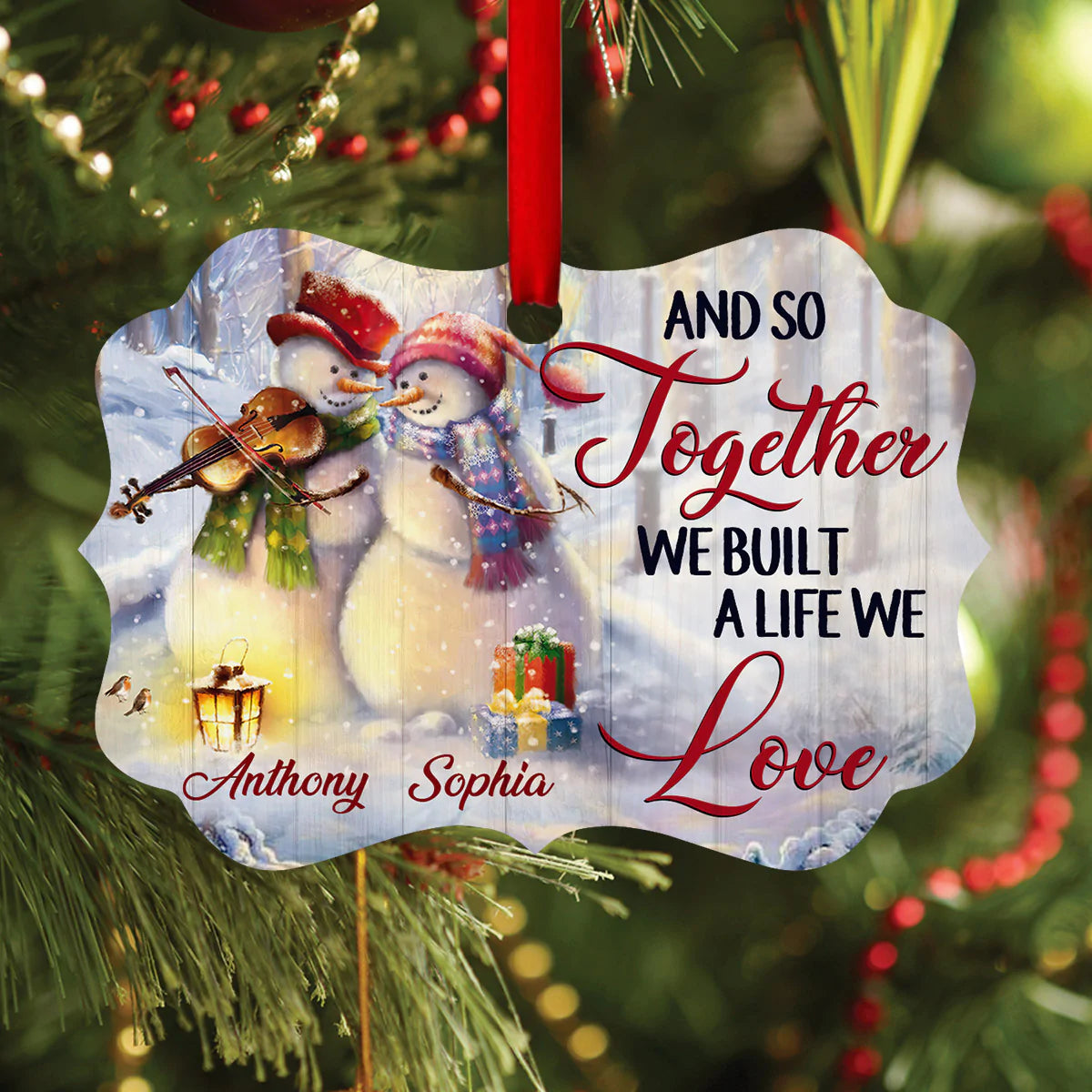 Couple Aluminum Ornament - Personalized Snowman, Winter Aluminium Ornament - Custom Christmas Gift For Christian Couple, Spouse, Lover - We Build A Life We Love