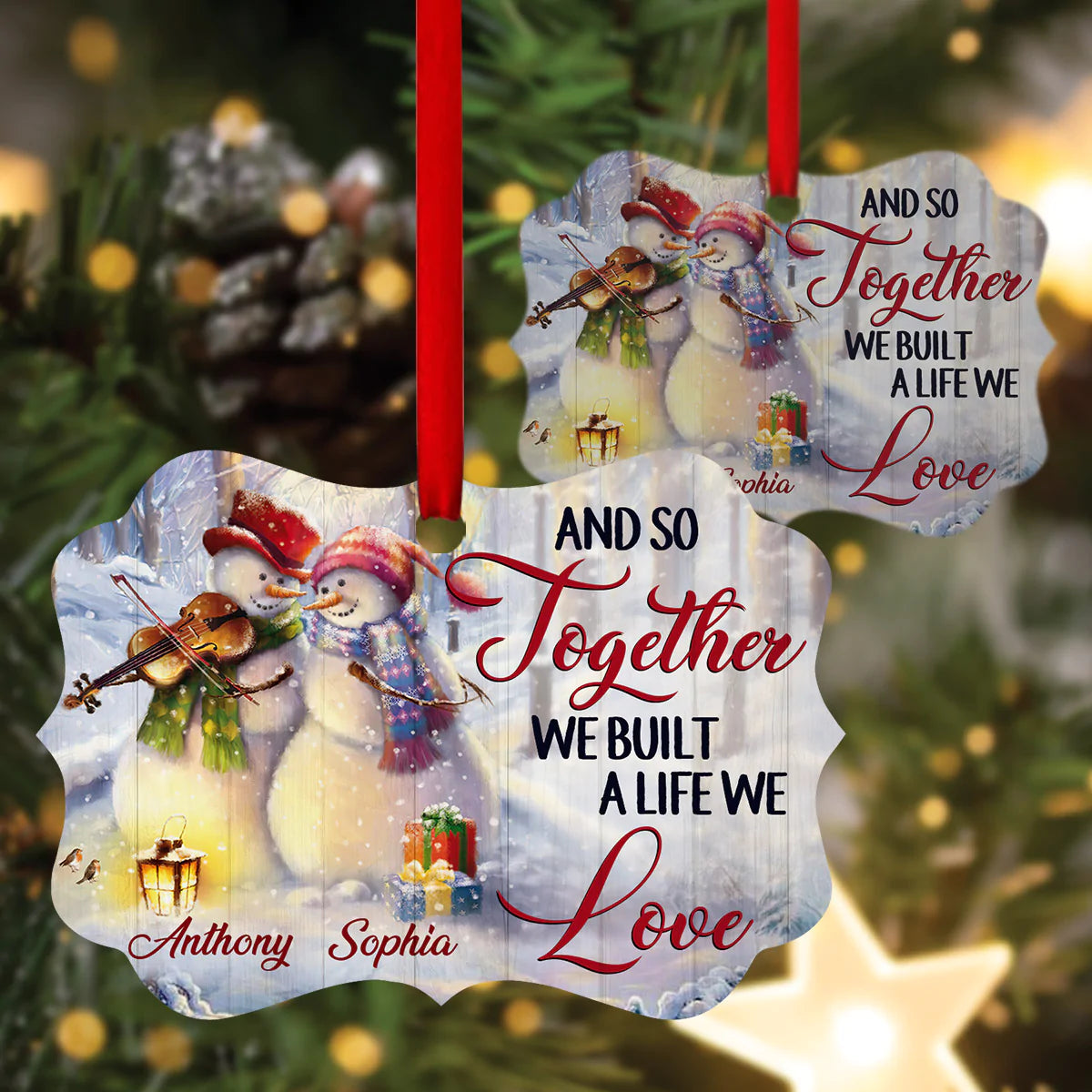 Couple Aluminum Ornament - Personalized Snowman, Winter Aluminium Ornament - Custom Christmas Gift For Christian Couple, Spouse, Lover - We Build A Life We Love
