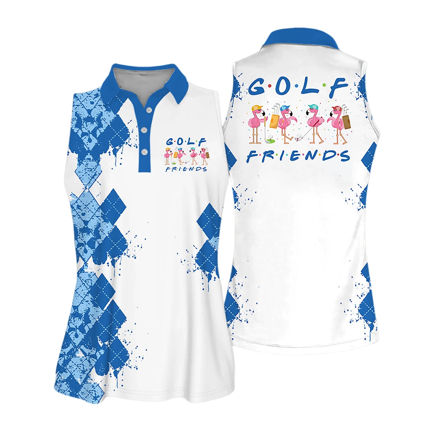 Golf Women Sleeveless Athleisure Polo Shirt, Golf Friends Flamingo Multicolor, Argyle Polo Shirt - Gift For Mother's Day, Golfers, Female, Golf Lover