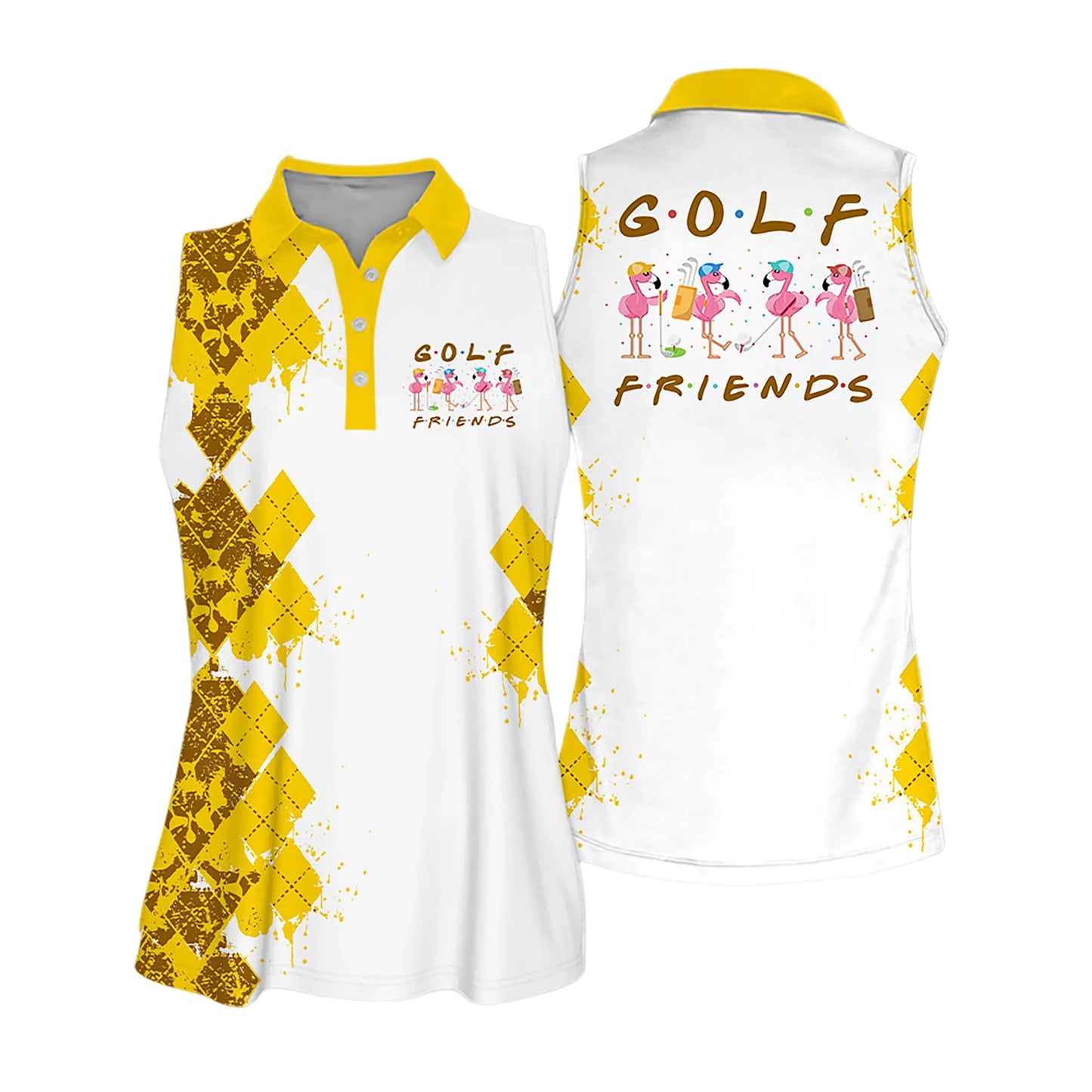 Golf Women Sleeveless Athleisure Polo Shirt, Golf Friends Flamingo Multicolor, Argyle Polo Shirt - Gift For Mother's Day, Golfers, Female, Golf Lover