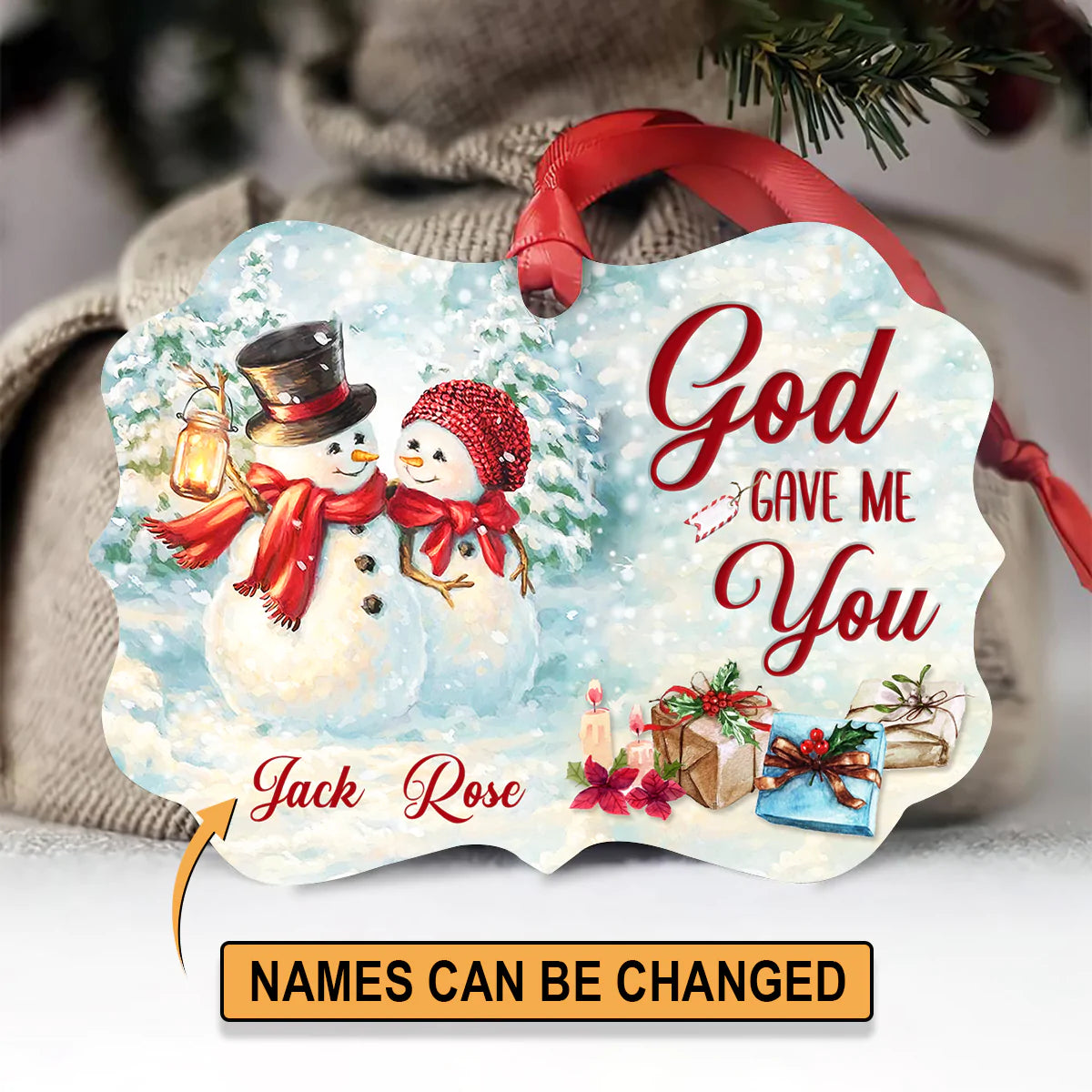 Couple Aluminum Ornament - Personalized Snowman, Winter Aluminium Ornament - Custom Christmas Gift For Christian Couple, Spouse, Lover - God Gave Me You