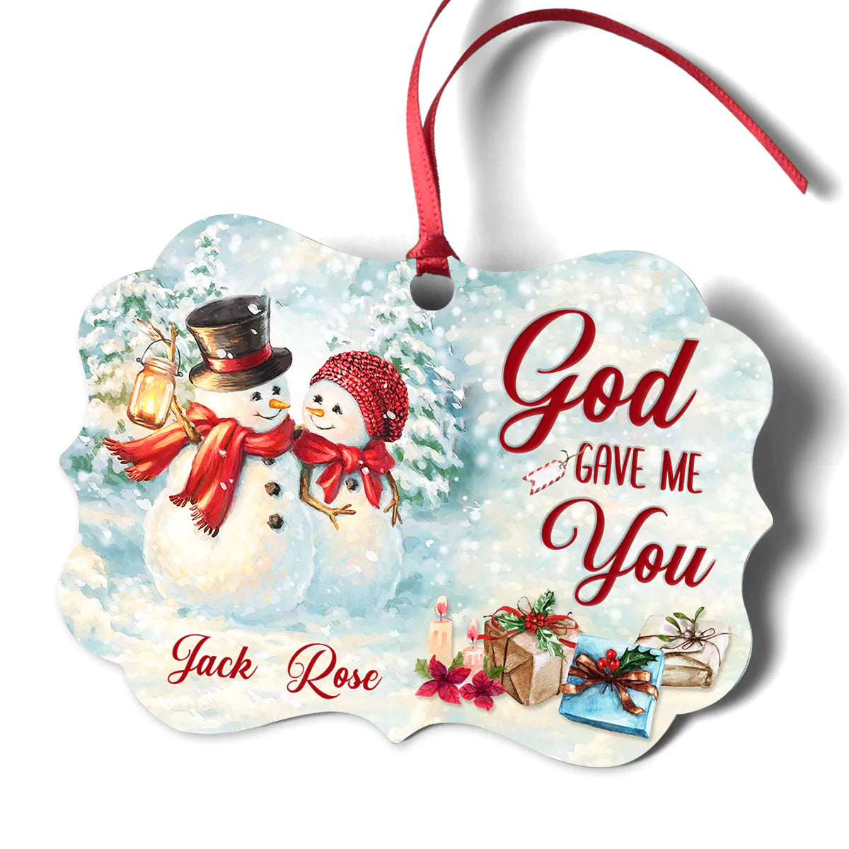 Couple Aluminum Ornament - Personalized Snowman, Winter Aluminium Ornament - Custom Christmas Gift For Christian Couple, Spouse, Lover - God Gave Me You