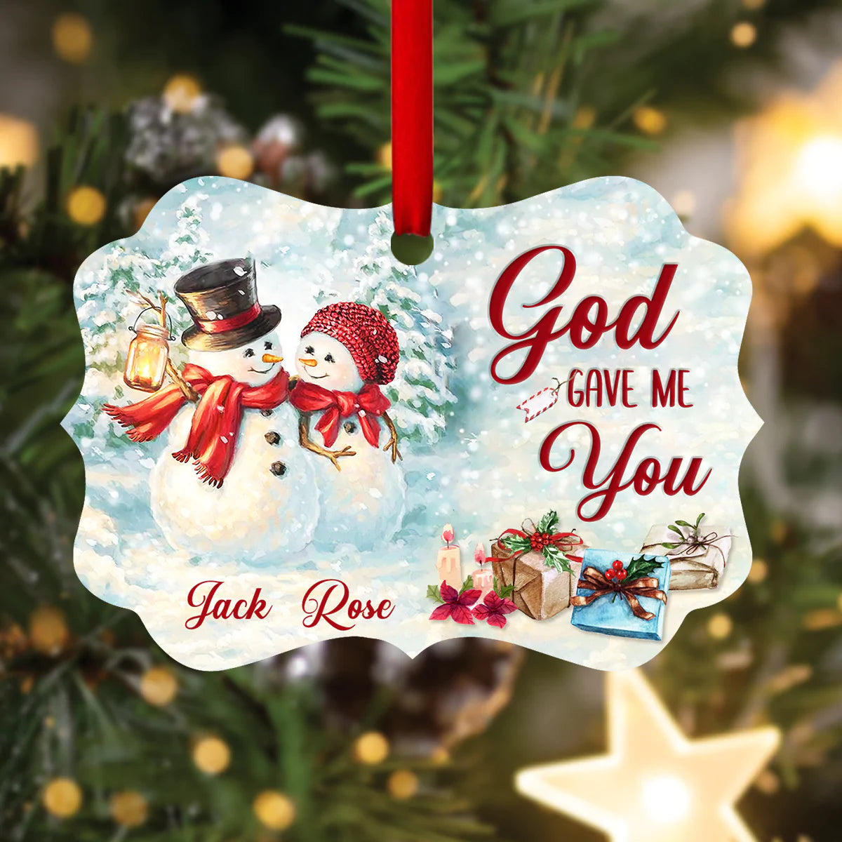Couple Aluminum Ornament - Personalized Snowman, Winter Aluminium Ornament - Custom Christmas Gift For Christian Couple, Spouse, Lover - God Gave Me You