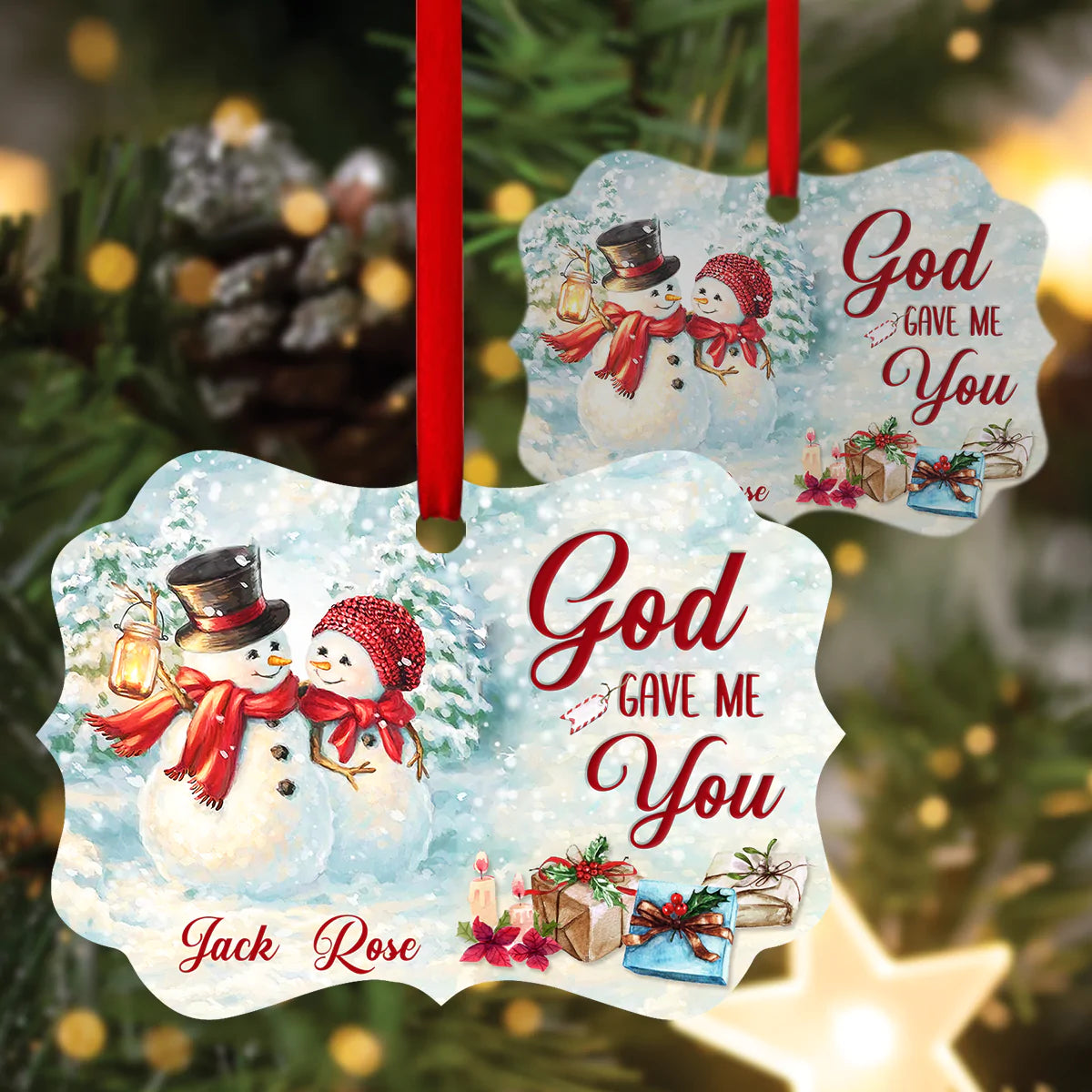 Couple Aluminum Ornament - Personalized Snowman, Winter Aluminium Ornament - Custom Christmas Gift For Christian Couple, Spouse, Lover - God Gave Me You