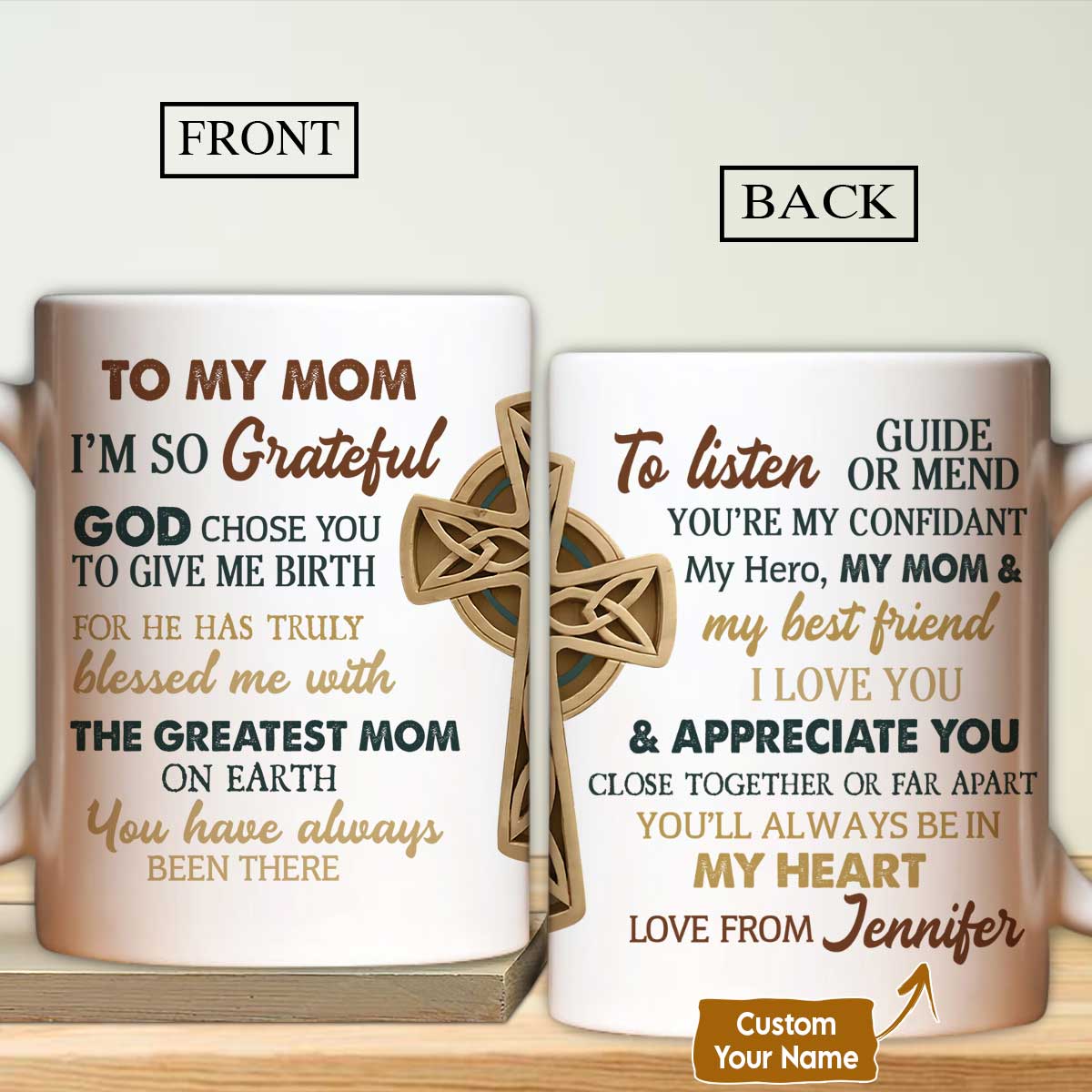 Gift For Mom Personalized Mug - Daughter to mom, Wooden cross Mug - Custom Gift For Mother's Day, Presents for Mom- You will always be in my heart Mug