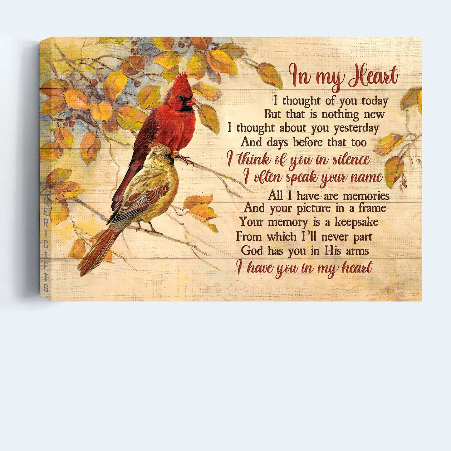 Memorial Landscape Canvas - Autumn forest, Beautiful cardinal, Yellow background Landscape Canvas - Memorial Gift For Family Members - In my heart