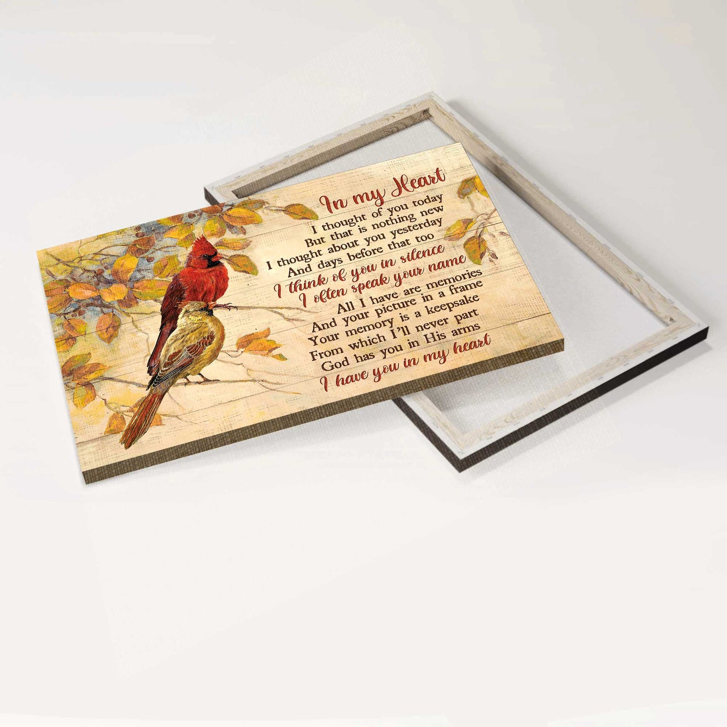 Memorial Landscape Canvas - Autumn forest, Beautiful cardinal, Yellow background Landscape Canvas - Memorial Gift For Family Members - In my heart