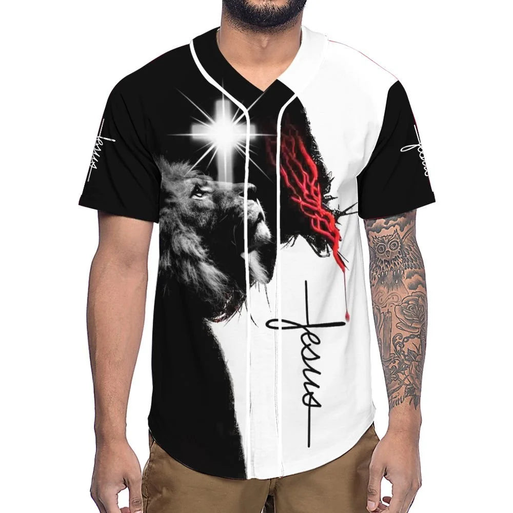 Personalized Jesus Baseball Jersey - Cross, Lion Baseball Jersey - Gift For Christians - Custom Printed 3D Baseball Jersey Shirt For Men and Women