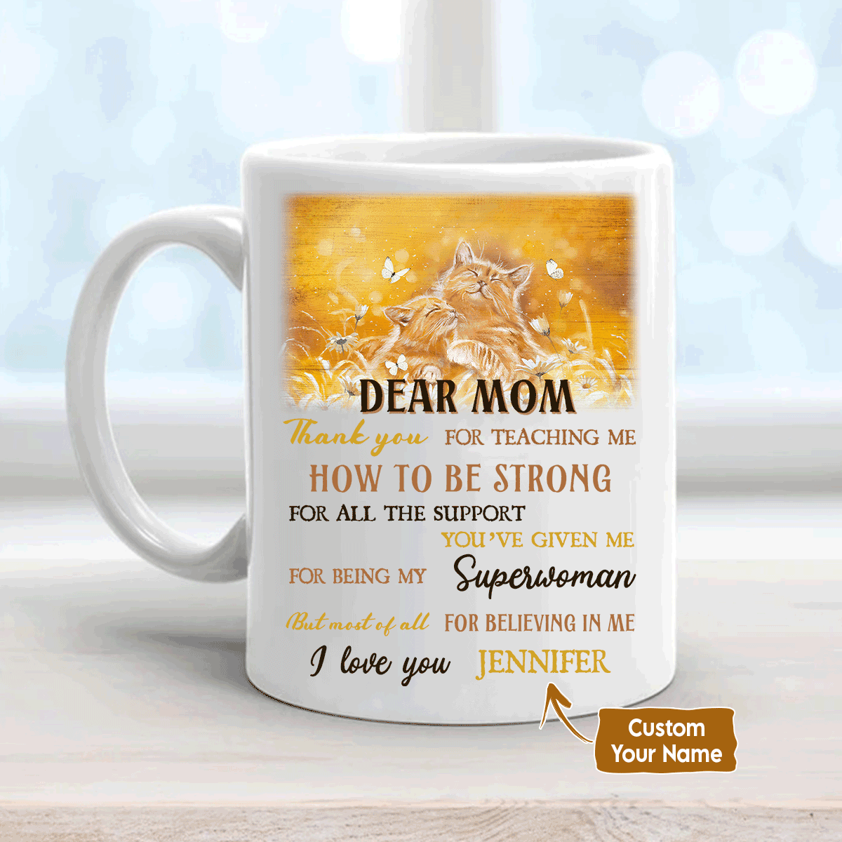 Gift For Mom Personalized Mug-Daughter to mom, Cute cat family, Daisy Mug-Custom Gift For Mother's Day, Presents for Mom-Thank you for teaching me Mug