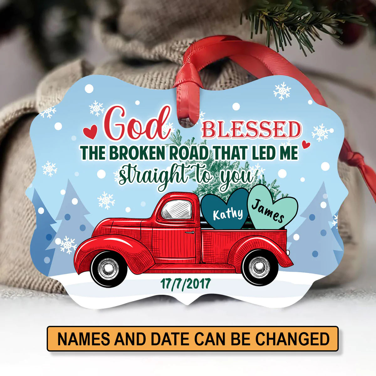 Couple Aluminum Ornament - Personalized Couple Heart in Car, Pine, Winter Aluminium Ornament - Custom Christmas Gift For Christian Couple, Spouse, Lover - God Blessed The Broken Road
