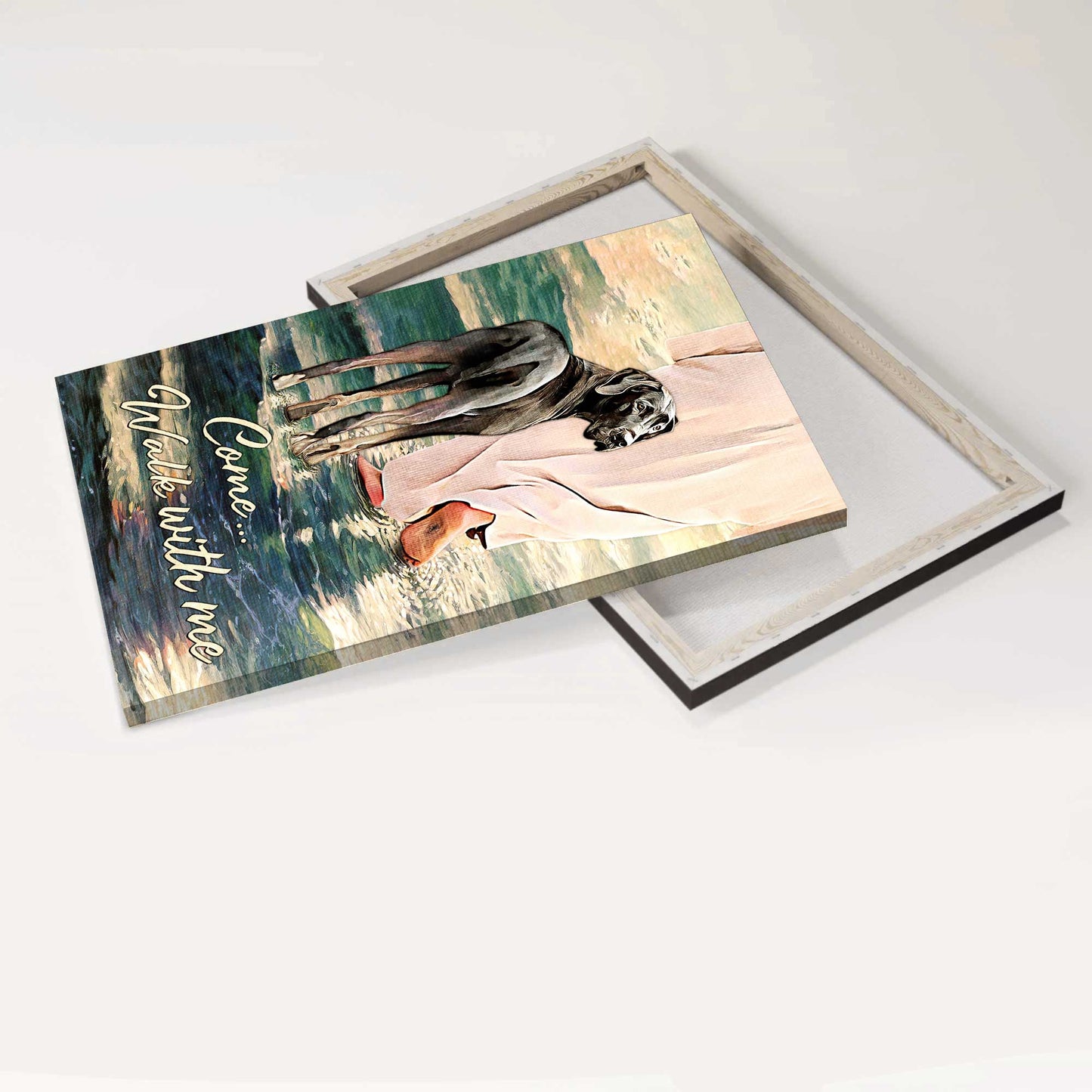 Great Dane Portrait Canvas- Great Dane, On the river, Jesus Painting, Walks with God- Gift for Christian, Dog lover- Jesus Portrait Canvas Prints, Wall Art