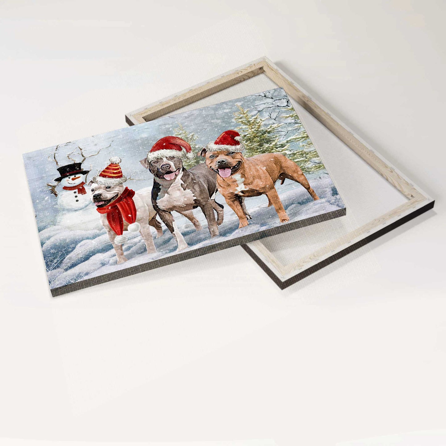 Pitbull Landscape Canvas- Pitbull wearing Santa hat canvas- Gift for dog lover - Dog Landscape Canvas Prints, Wall Art