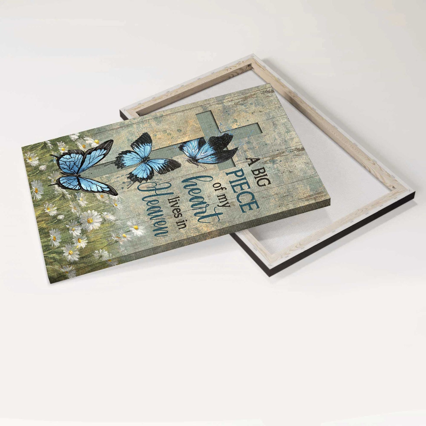 Memorial Portrait Canvas- Blue butterfly, Cross symbol, Daisy field- Gift for members family- A big piece of my heart lives in heaven - Heaven Portrait Canvas Prints, Wall Art