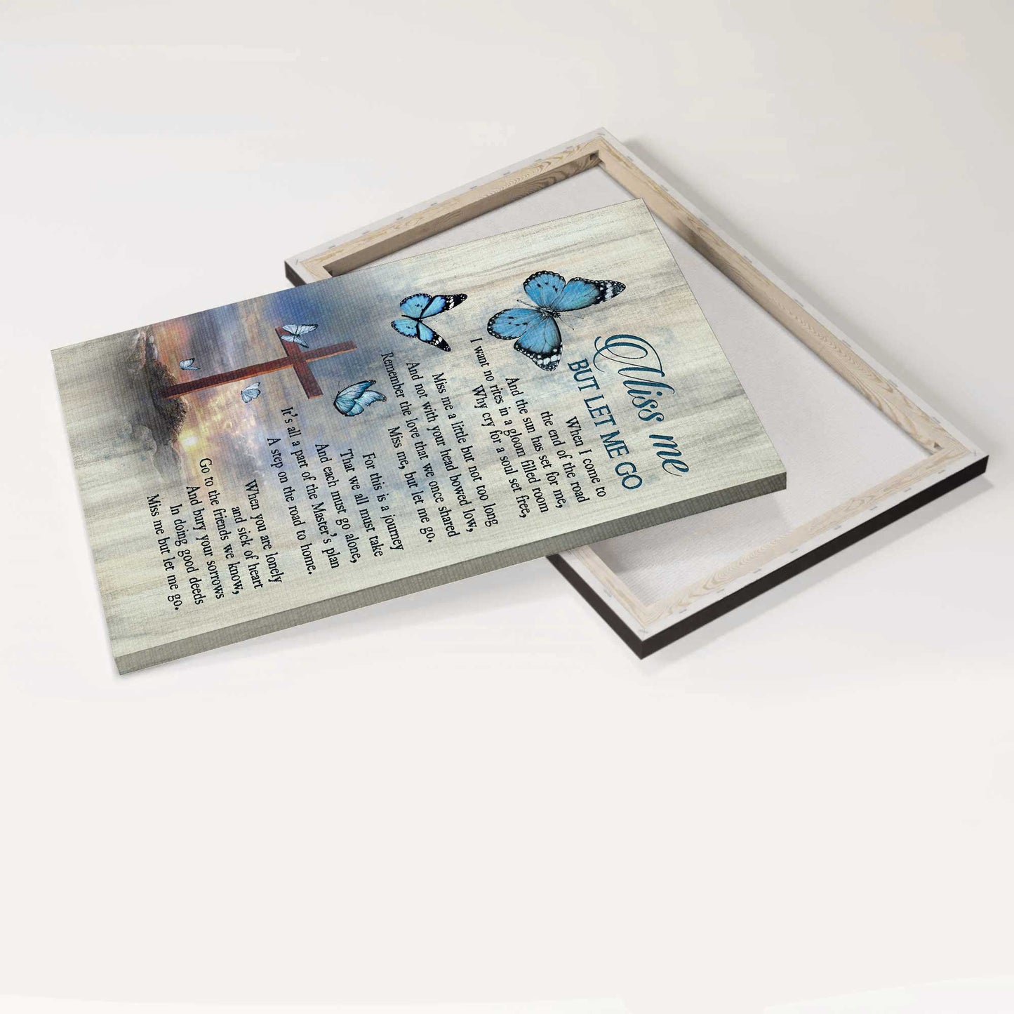 Memorial Portrait Canvas- Pretty Blue butterfly, Cross symbol- Gift for family- Miss me but let me go - Heaven Portrait Canvas Prints, Wall Art