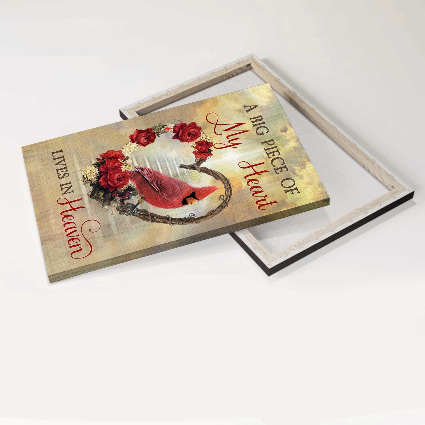 Memorial Portrait Canvas- Flower wreath, Red rose, Cardinal drawing canvas- Gift for members family- A big piece of my heart lives in heaven - Heaven Portrait Canvas Prints, Wall Art