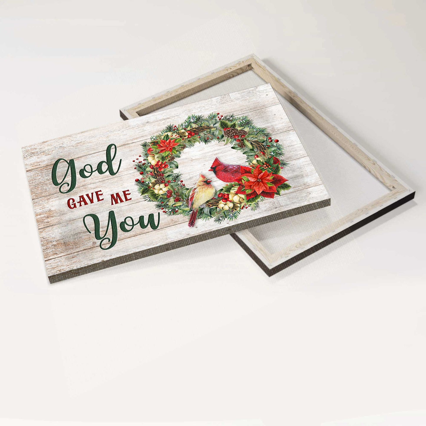 Jesus Landscape Canvas- Pretty Cardinal Couple, Christmas Wreath - God Gave Me You- Landscape Canvas, Wall Decor Visual Art-Gift For Couple, Husband, Wife