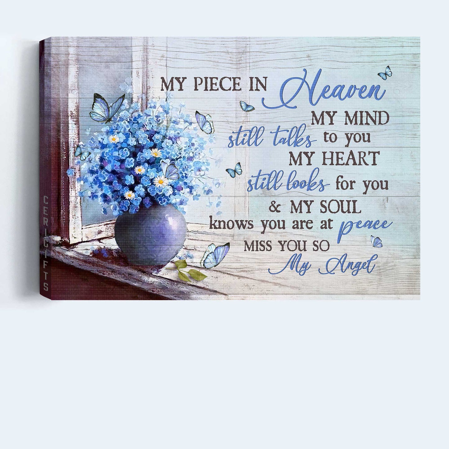 Memorial Landscape Canvas- Blue butterfly , Baby Blue Eyes canvas- Gift for family- My heart still looks for you & my souls knows you are at peace - Heaven Landscape Canvas Prints, Wall Art