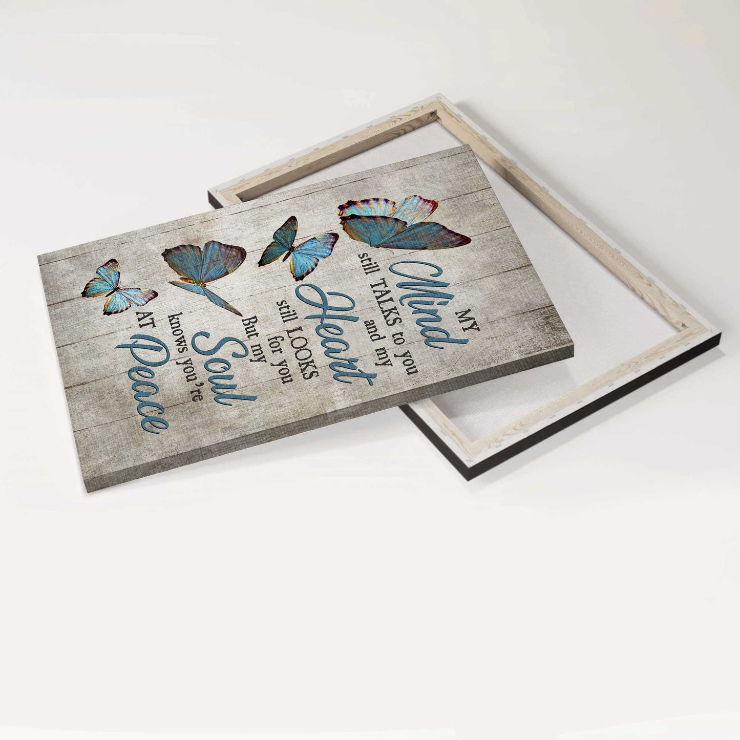 Memorial Portrait Canvas- Blue butterfly, Grey background canvas- Gift for members family- You are at peace - Heaven Portrait Canvas Prints, Wall Art