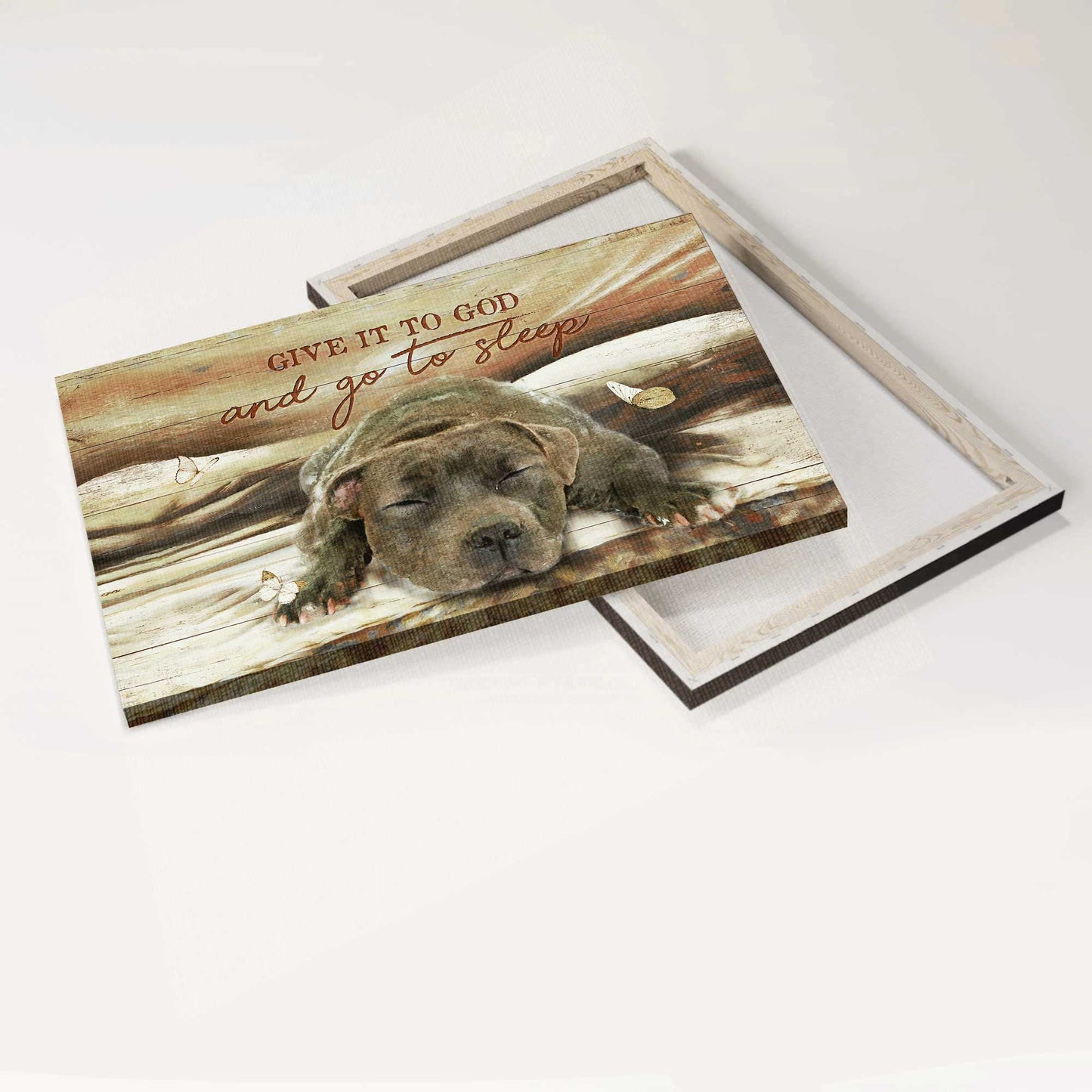 Pitbull Landscape Canvas- Pitbull drawing, White butterfly - Gift for dog lover- Give it to God and go to sleep - Dog Landscape Canvas Prints, Wall Art