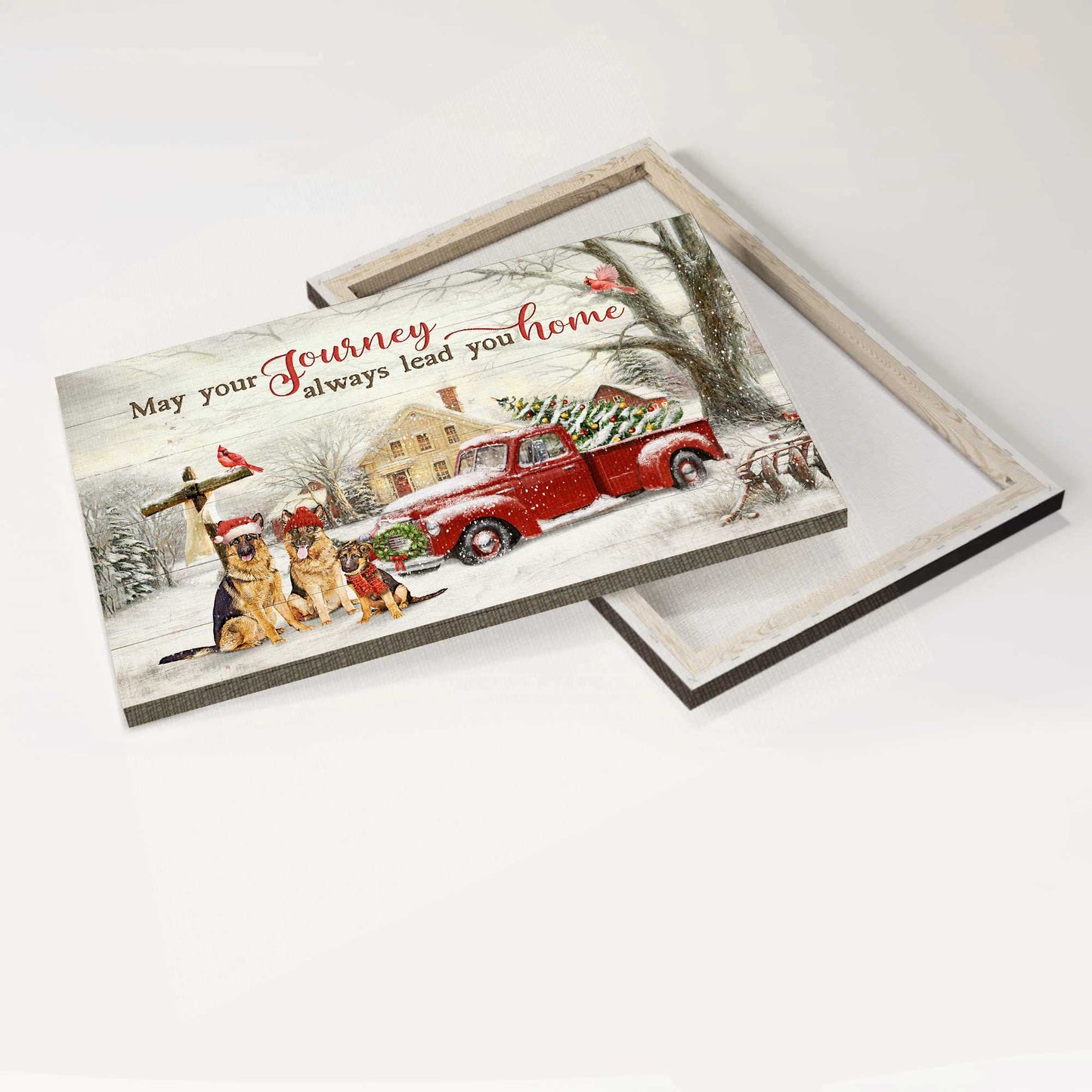 Jesus And German Shepherd Landscape Canvas - Merry Christmas, German Shepherd,  Red Cardinal, Winter Forest, Red Jeep Car, Wooden Cross- Gift For German Shepherd Lover, Christian- May Your Journey Always Lead You Home-  Landscape Canvas