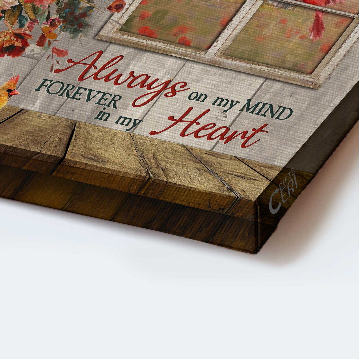 Memorial Landscape Canvas- Brilliant rose flower, Red cardinal, Vintage window canvas- Gift for Christian- Always on my mind