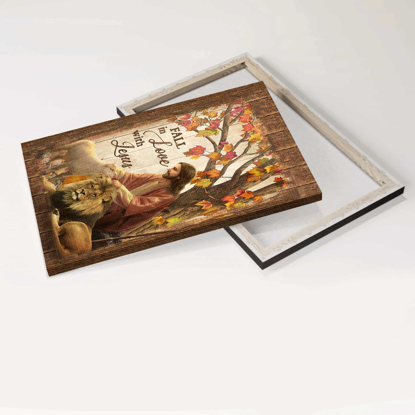 Memorial Portrait Canvas - Autumn forest drawing, Lion of Judah, White lamb Portrait Canvas - Memorial Gift For Family Members - Fall in love with Jesus