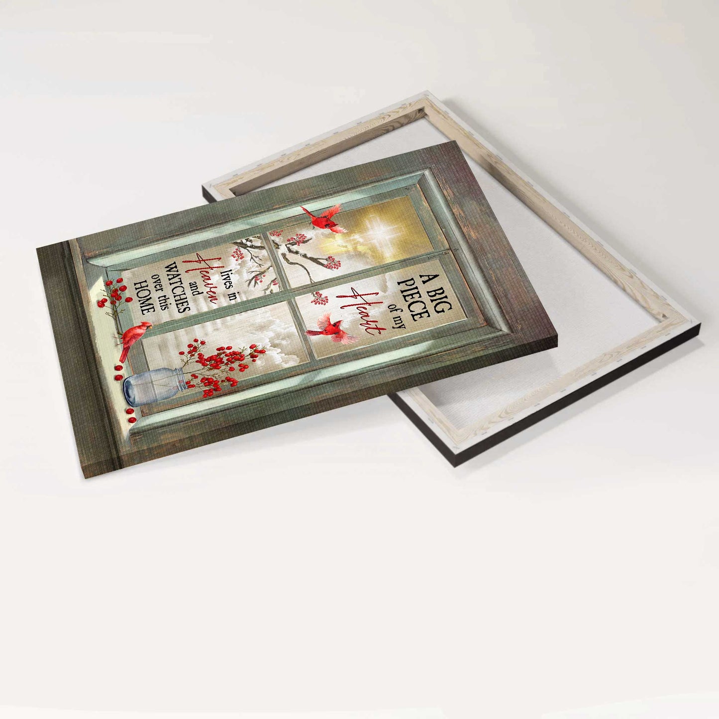 Memorial Portrait Canvas - Through Window Frame, Beautiful Cardinal, Heaven Canvas - Memorial Gift For Family Members - A Big Piece Of My Heart Lives In Heaven