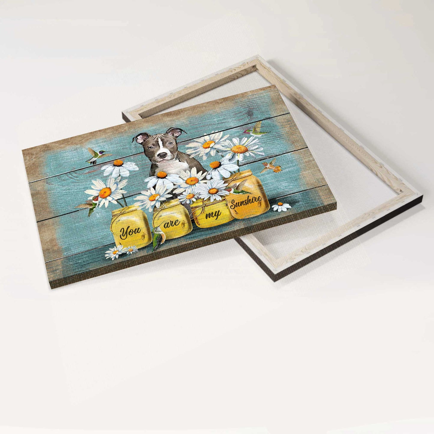 Pit Bull Landscape Canvas - Pitt Bull Painting, Daisy Flowers, Hummingbird - Gift For Pitt Bull LoverYou Are My Sunshine
