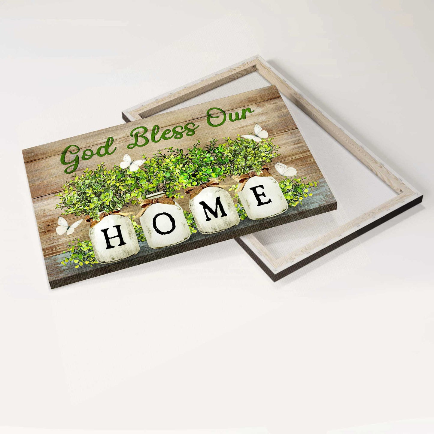 Jesus Landscape Canvas - Baby Rubber Plant Vase, White Butterfly, God bless our home - Gift For Christian