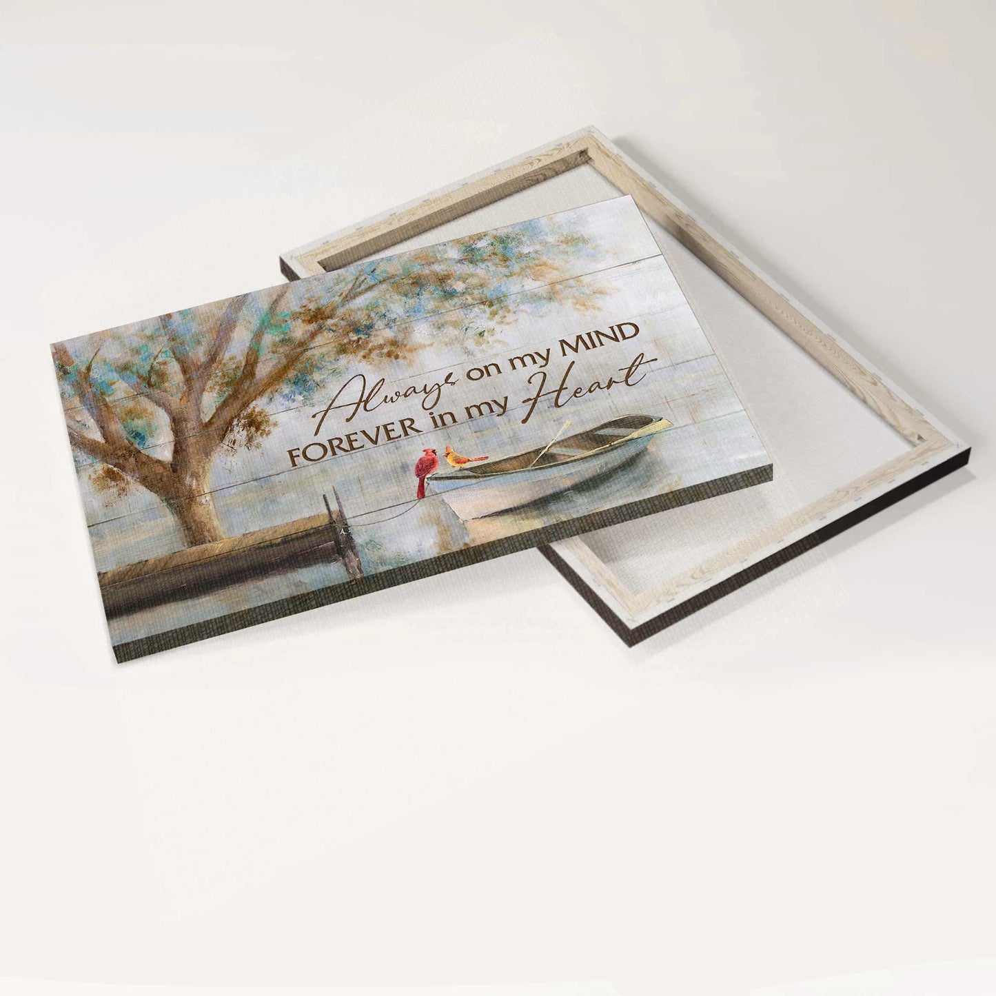 Memorial Landscape Canvas- Beautiful lake, Watercolor cardinal, Boat painting canvas- Gift for members family- Always on my mind, Forever in my heart