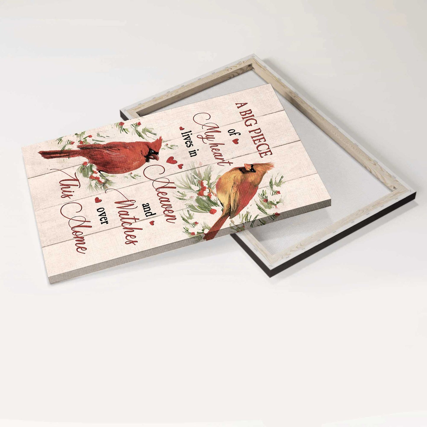 Memorial Portrait Canvas - Heaven, Watercolor Cardinal, Red Cranberry, Vintage Painting Memorial Canvas - Memorial Gift For Member Family - A Big Piece Of My Heart Lives In Heaven