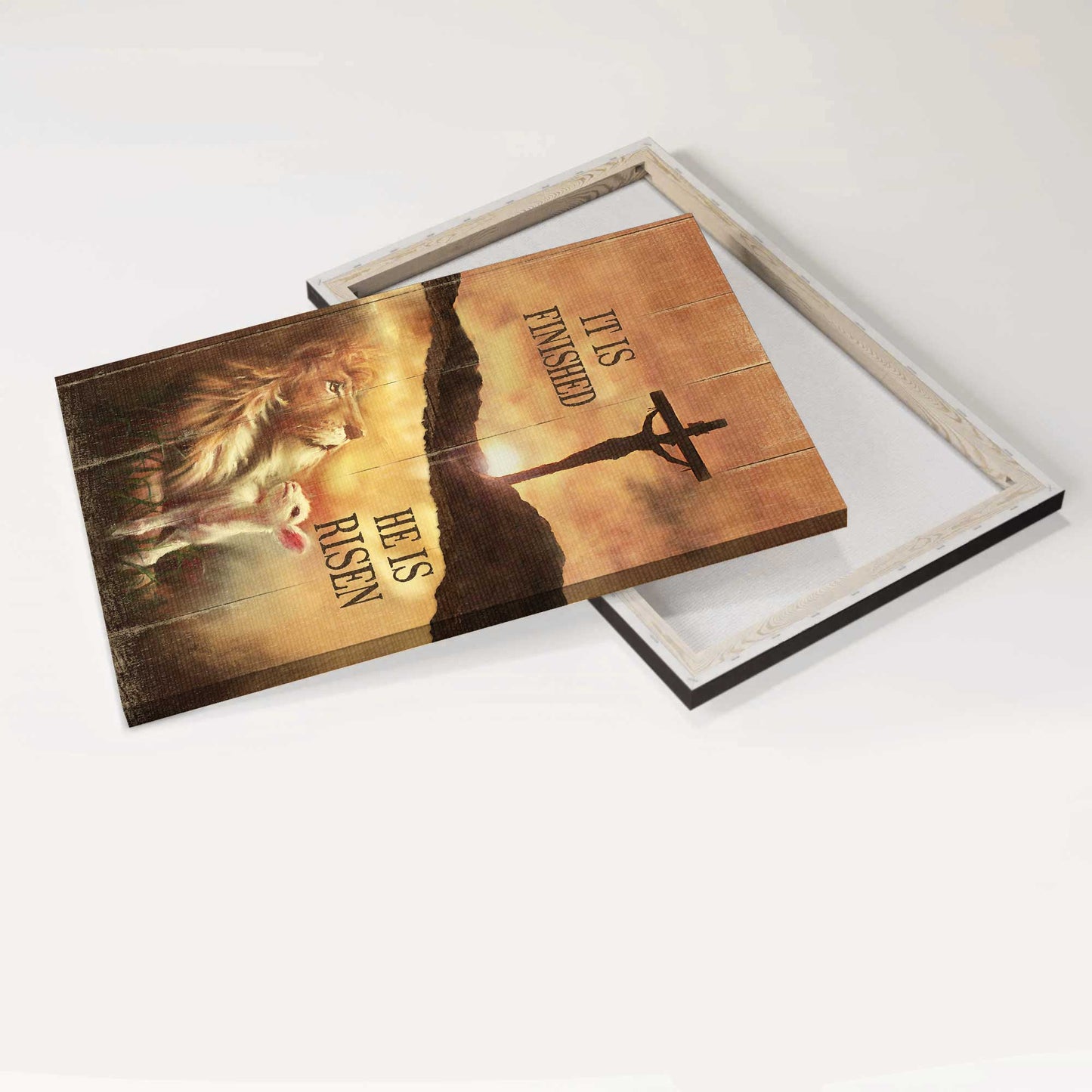 Jesus Portrait Canvas- Lion of Judah, Lamb of God, Cross, Sunset Painting- Gift for Christian- It is finish he is risen - Portrait Canvas Prints, Wall Art