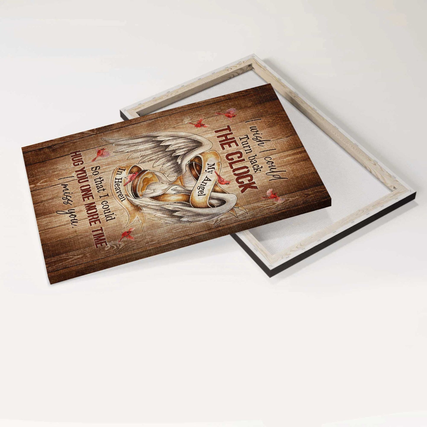Memorial Portrait Canvas - Angel wings, Old hourglass, Red cardinal Portrait Canvas - Memorial Gift For Family Members - I wish I could turn back the clock