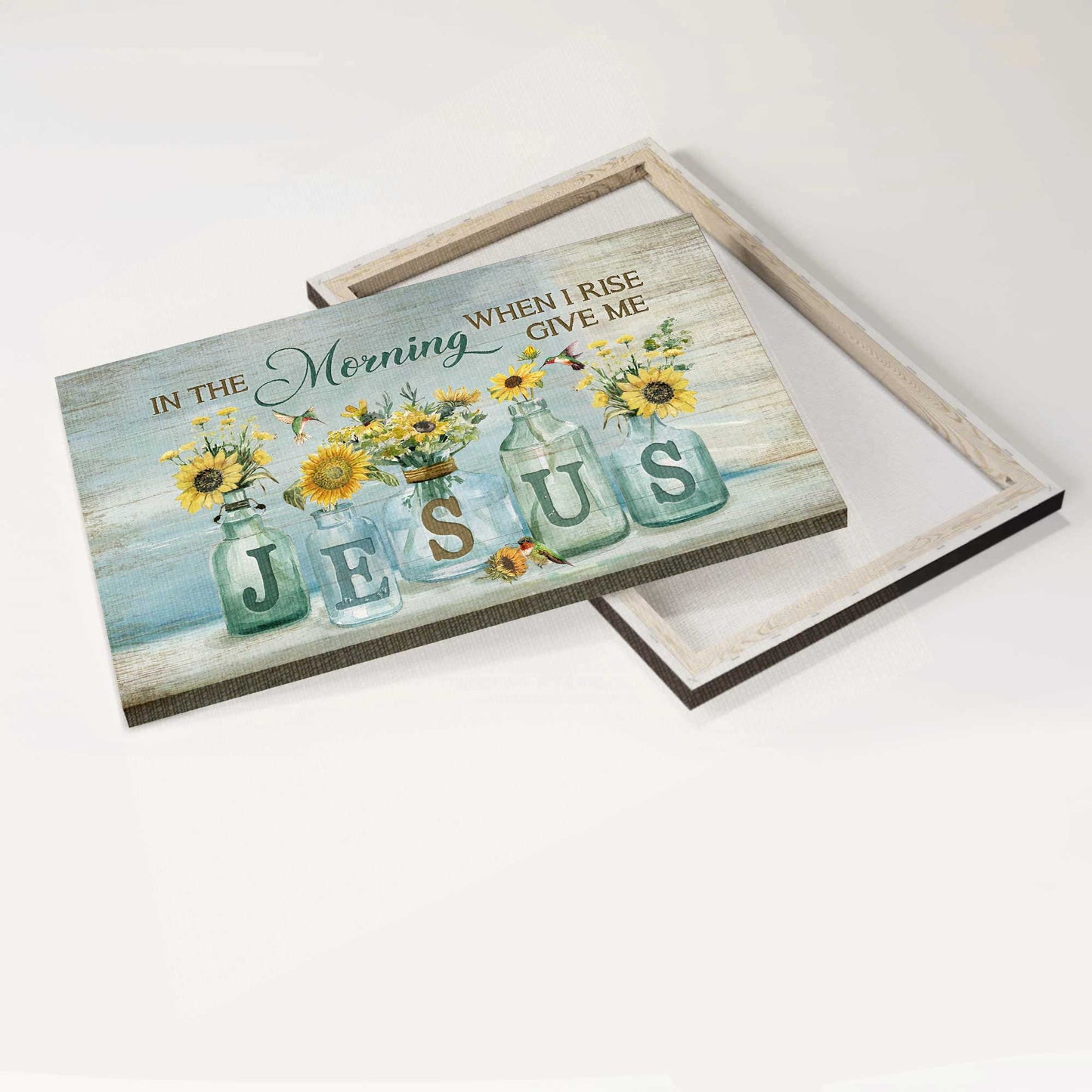 Jesus Landscape Canvas- Pretty sunflower, Crystal vase, Hummingbird canvas- Gift for Christian In the morning when I rise, Give me Jesus - Landscape Canvas Prints, Christian Wall Art