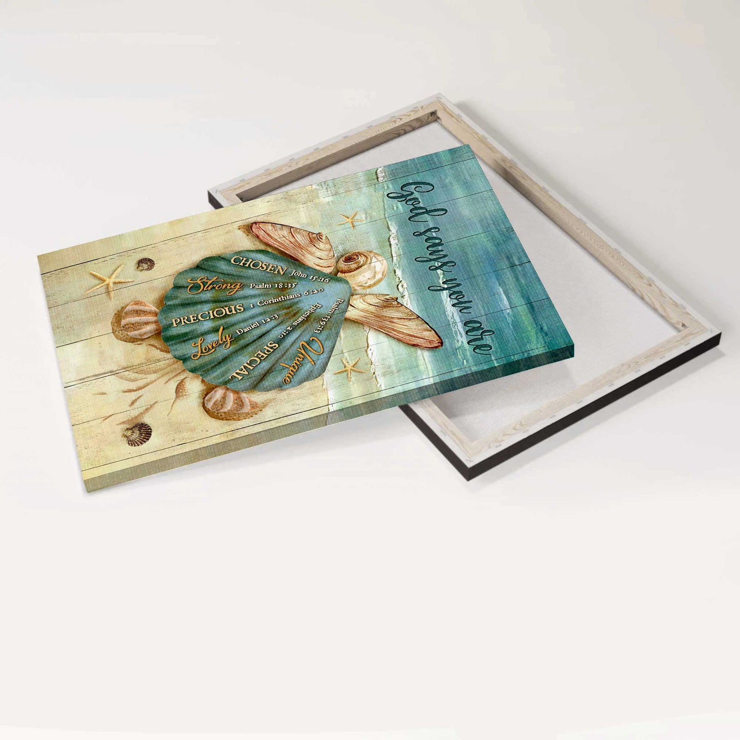Jesus Portrait Canvas- Seashell art, Baby turtle, On the beach, God says you are- Gift for Christian - Portrait Canvas Prints, Christian Wall Art