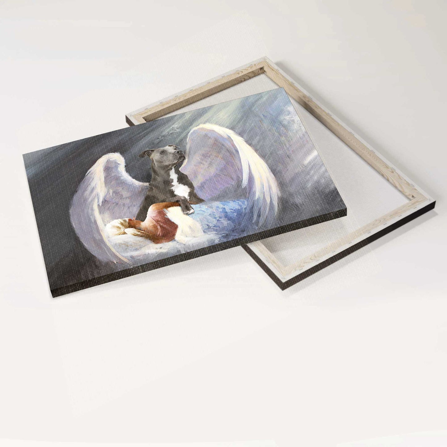 Pit bull Landscape Canvas- Sleeping girl, Pit bull, Beautiful Wings, I'll protect you- Gift for Pit bull lover - Landscape Canvas Prints, Wall Art