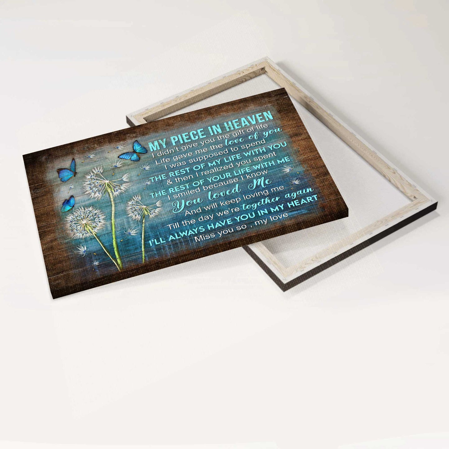 Memorial Landscape Canvas- Beautiful Dandelion Painting, Blue Butterfly Canvas- Gift For Members Family- My Piece In Heaven