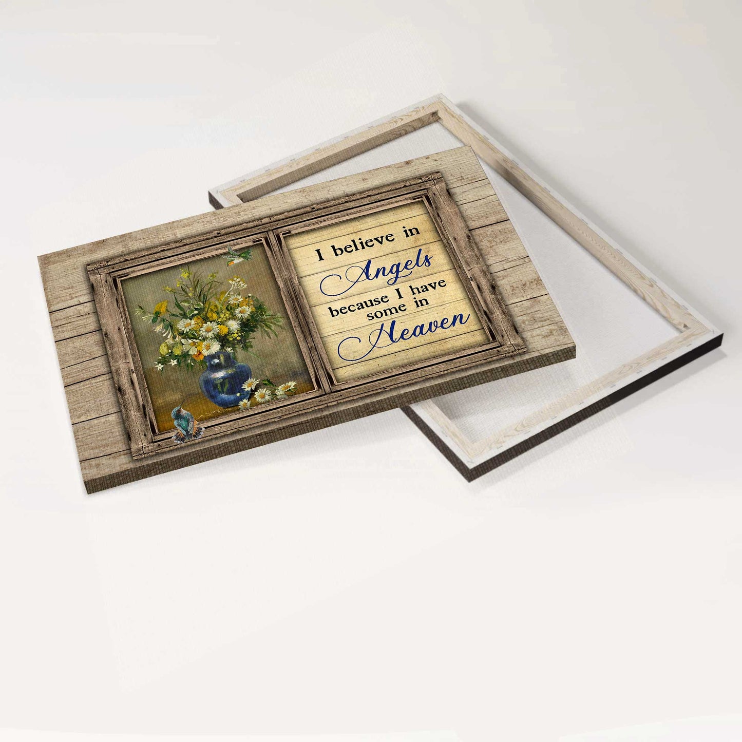 Memorial Landscape Canvas- Brilliant flower drawing, Hummingbird painting canvas- Gift for members family- I believe in angels