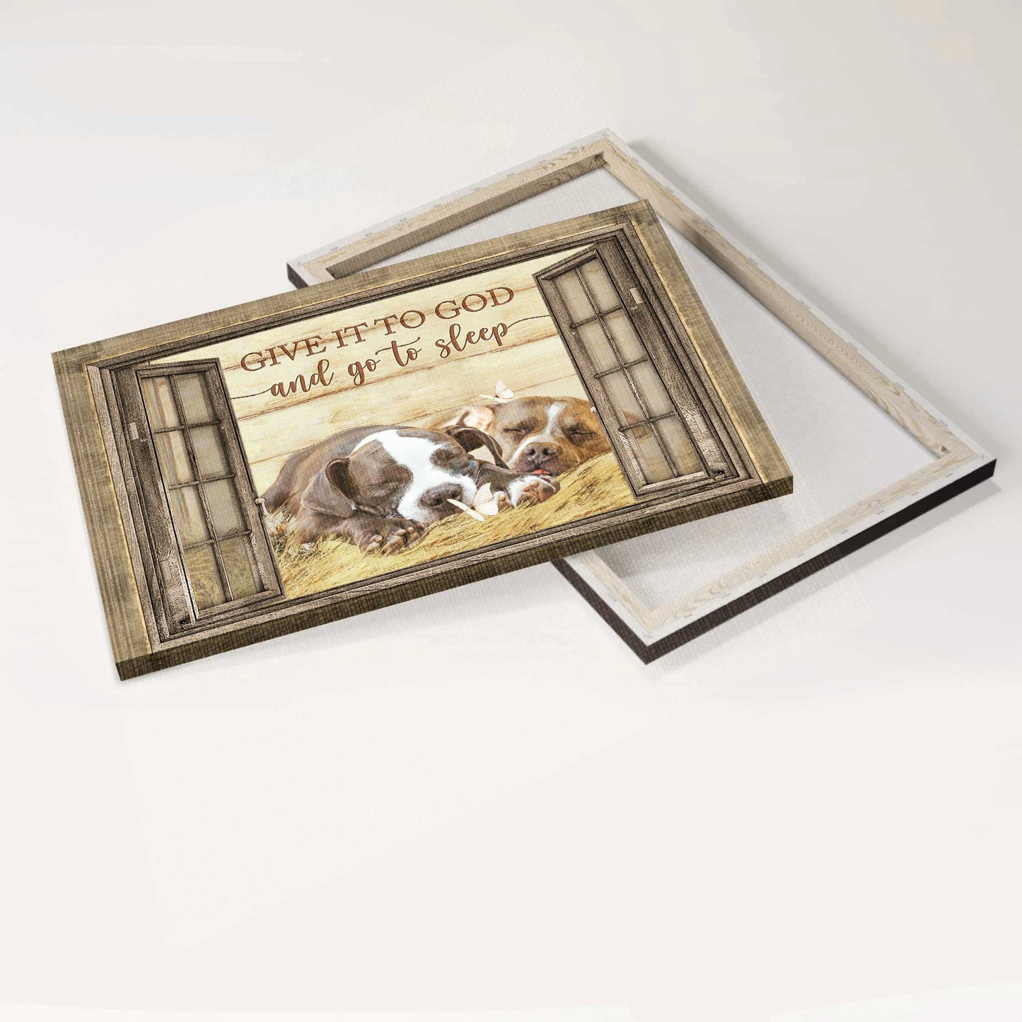 Pit bull Landscape Canvas- Sleeping Pitbull, Window, White butterfly- Gift for dog lover- Give it to God and go to sleep - Landscape Canvas Prints, Wall Art
