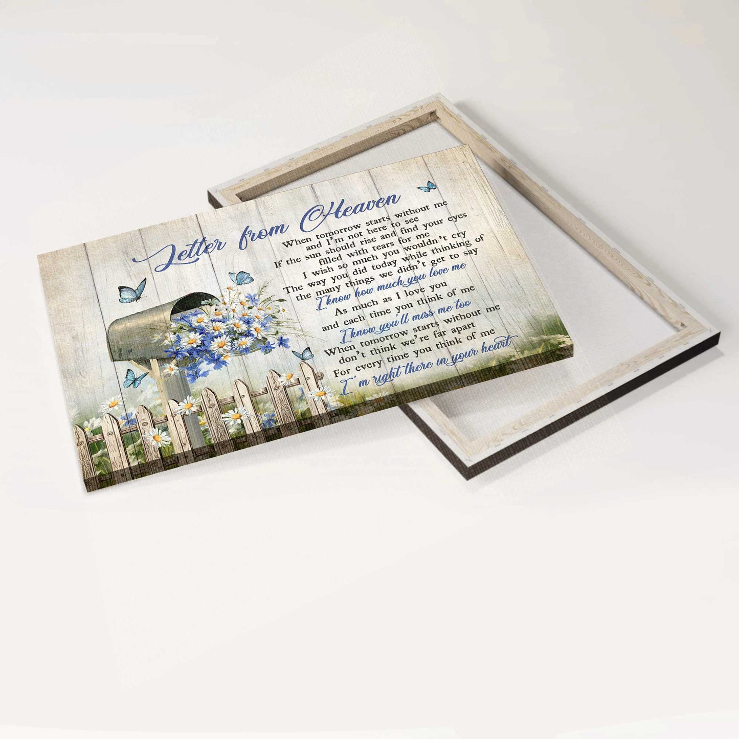 Memorial Landscape Canvas- Daisy drawing, Letter box, Blue background, Butterfly canvas- Gift for members family - Letter from heaven
