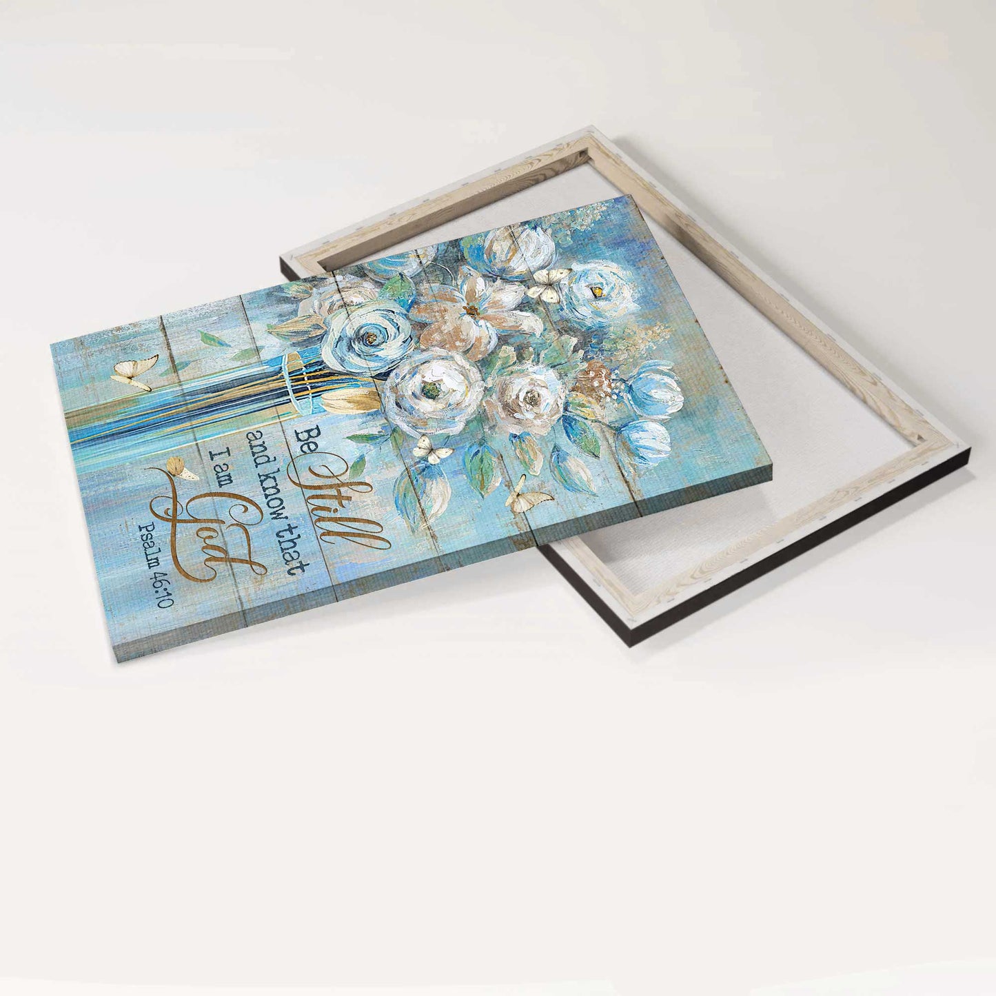 Jesus Portrait Canvas- Pretty flower painting, White butterfly, Bible verse canvas- Gift for Christian- Be still & know that I am God - Portrait Canvas Prints, Christian Wall Art